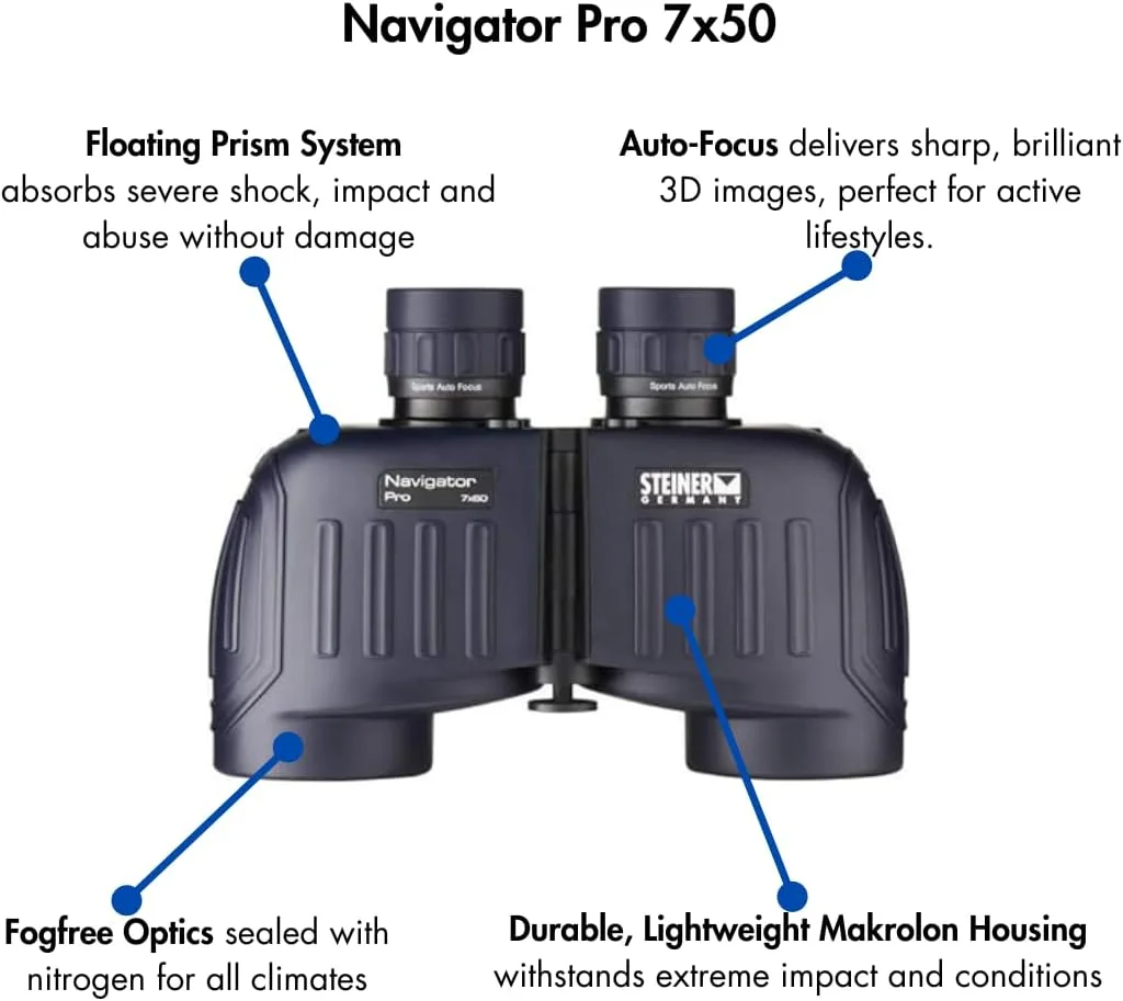 دوربین شکاری اشتاینر Navigator Pro 7x50 - بزرگنمایی 7 برابر - اپتیک با کنتراست بالا - سیستم منشور شناور - فوکوس خودکار ورزشی - ارائه وضوح تصویر عالی، آبی دریایی (7655)
