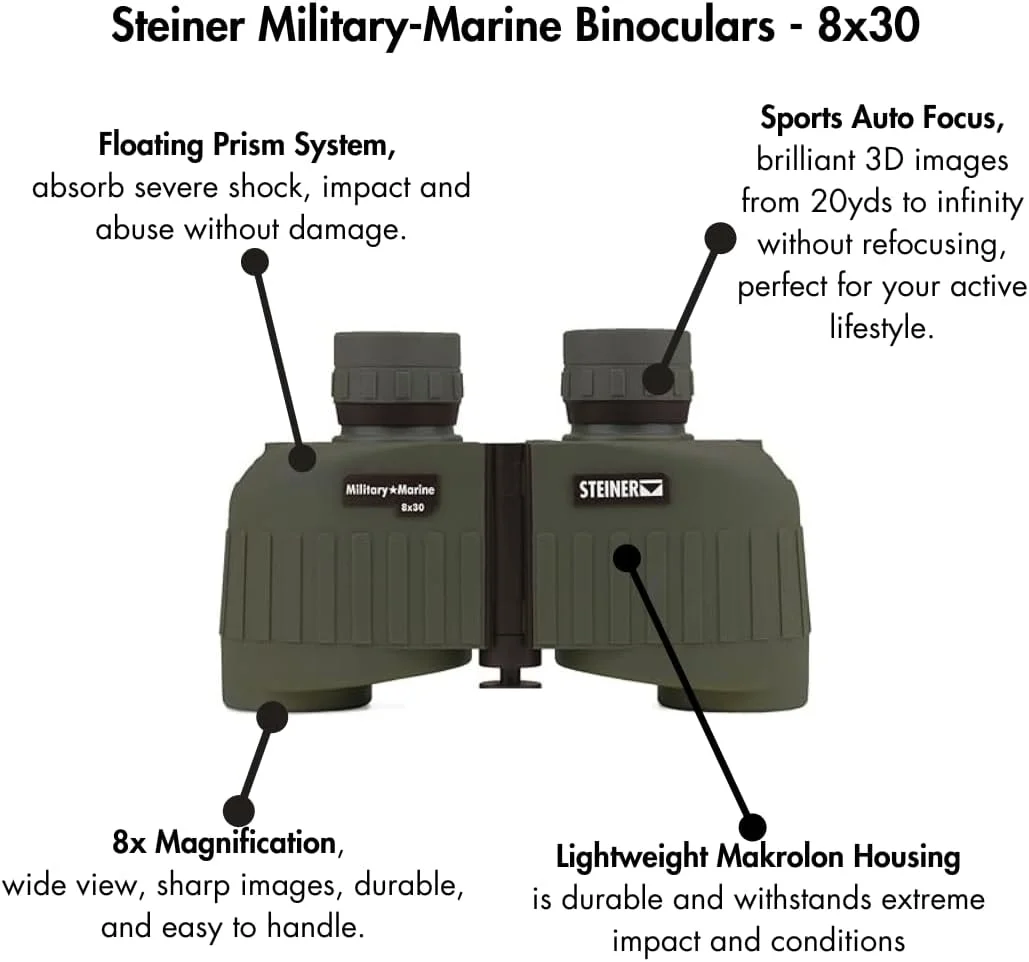 دوربین شکاری اشتاینر سری Military-Marine، اپتیک دقیق تاکتیکی سبک وزن برای هر موقعیت، ضد آب، سبز، 8x30