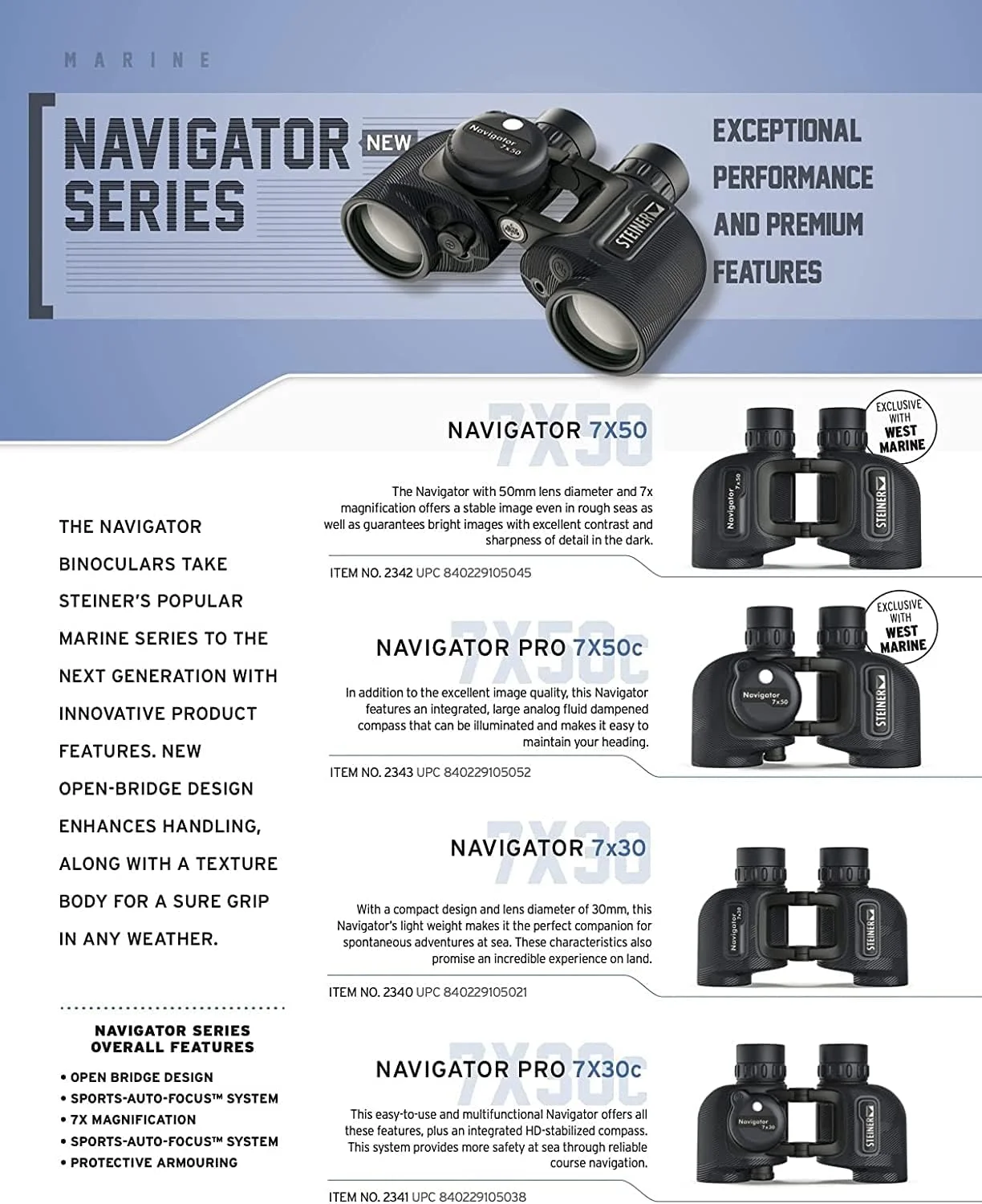 دوربین شکاری استاینر Navigator 7x50 - بزرگنمایی 7 برابر - اپتیک با کنتراست بالا - سیستم منشور شناور - فوکوس خودکار ورزشی - ارائه وضوح تصویر عالی، سرمه ای با قطب نما (2343، نسخه جدید)