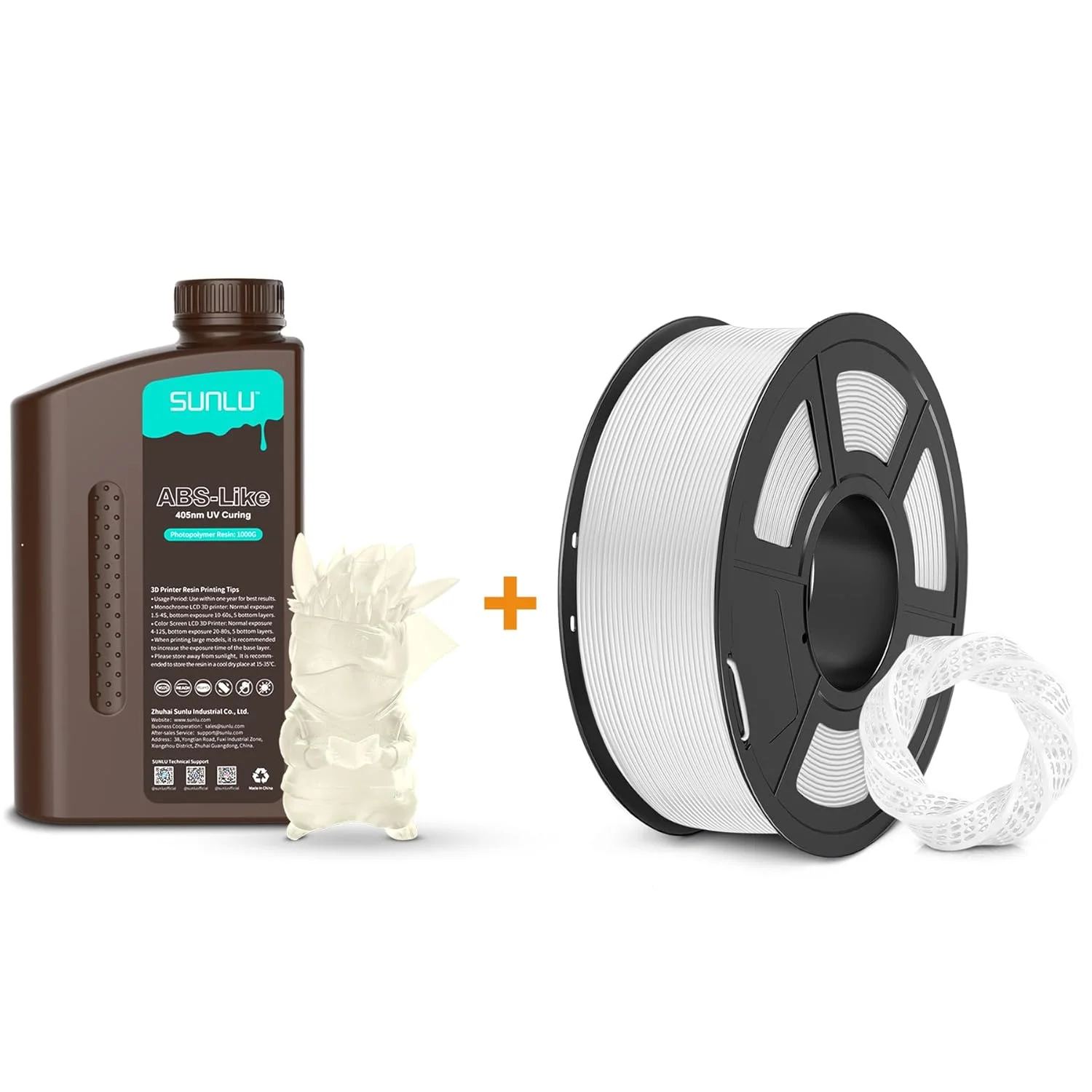 رزین پرینتر سه بعدی SUNLU مدل ABS-Like با وزن 1000 گرم، رزین فوتوپلیمر سخت شونده سریع UV با طول موج 405 نانومتر برای پرینترهای سه بعدی LCD/DLP/SLA 2K 4K 6K 8K و فیلامنت پرینتر سه بعدی SUNLU مدل PLA Plus با قطر 1.75 میلی متر، شفاف و سفید
