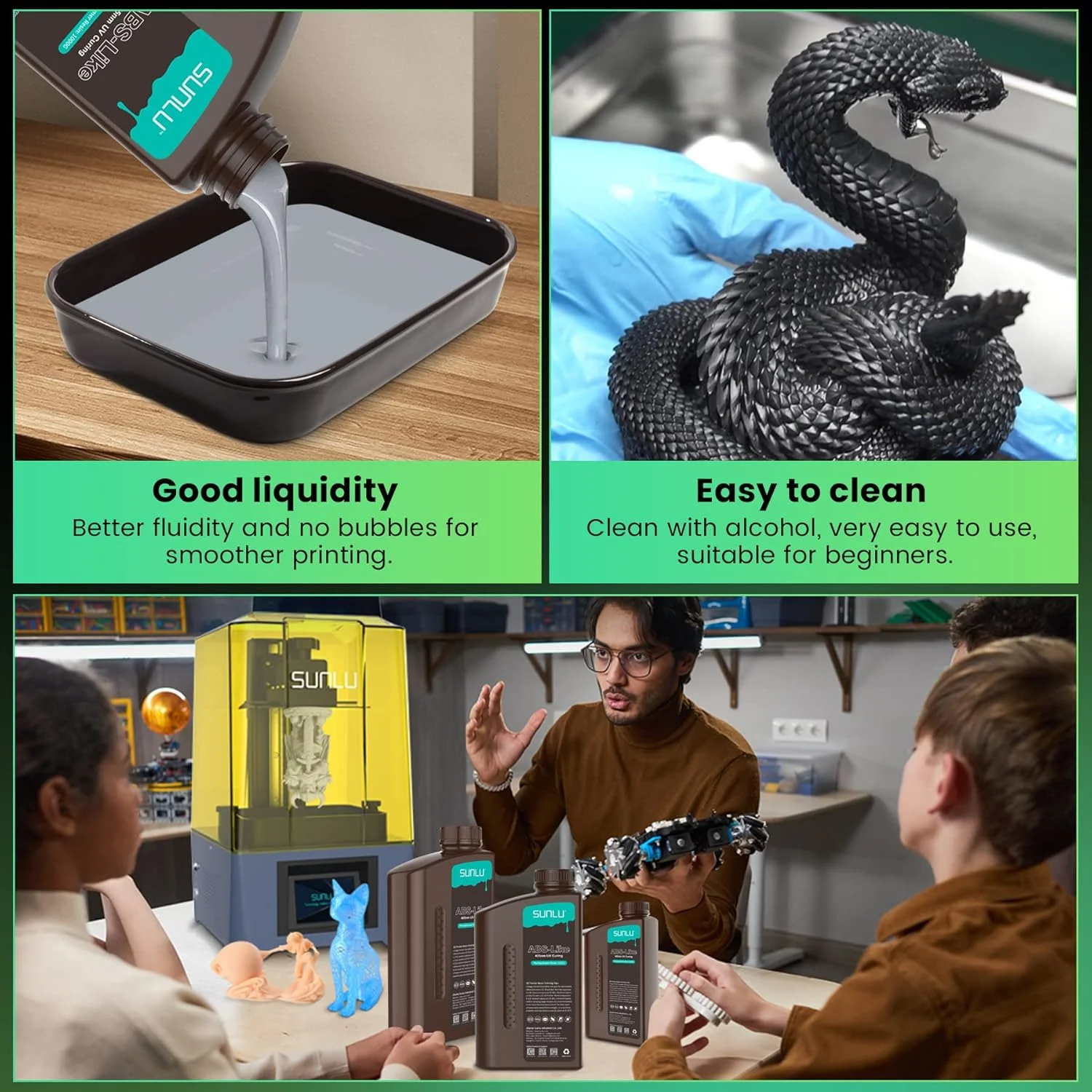 رزین پرینتر سه بعدی SUNLU مدل ABS-Like با وزن 1000 گرم، رزین فوتوپلیمر سخت شونده سریع UV با طول موج 405 نانومتر برای پرینترهای سه بعدی LCD/DLP/SLA 2K 4K 6K 8K و فیلامنت پرینتر سه بعدی SUNLU مدل PLA Plus با قطر 1.75 میلی متر، شفاف و سفید