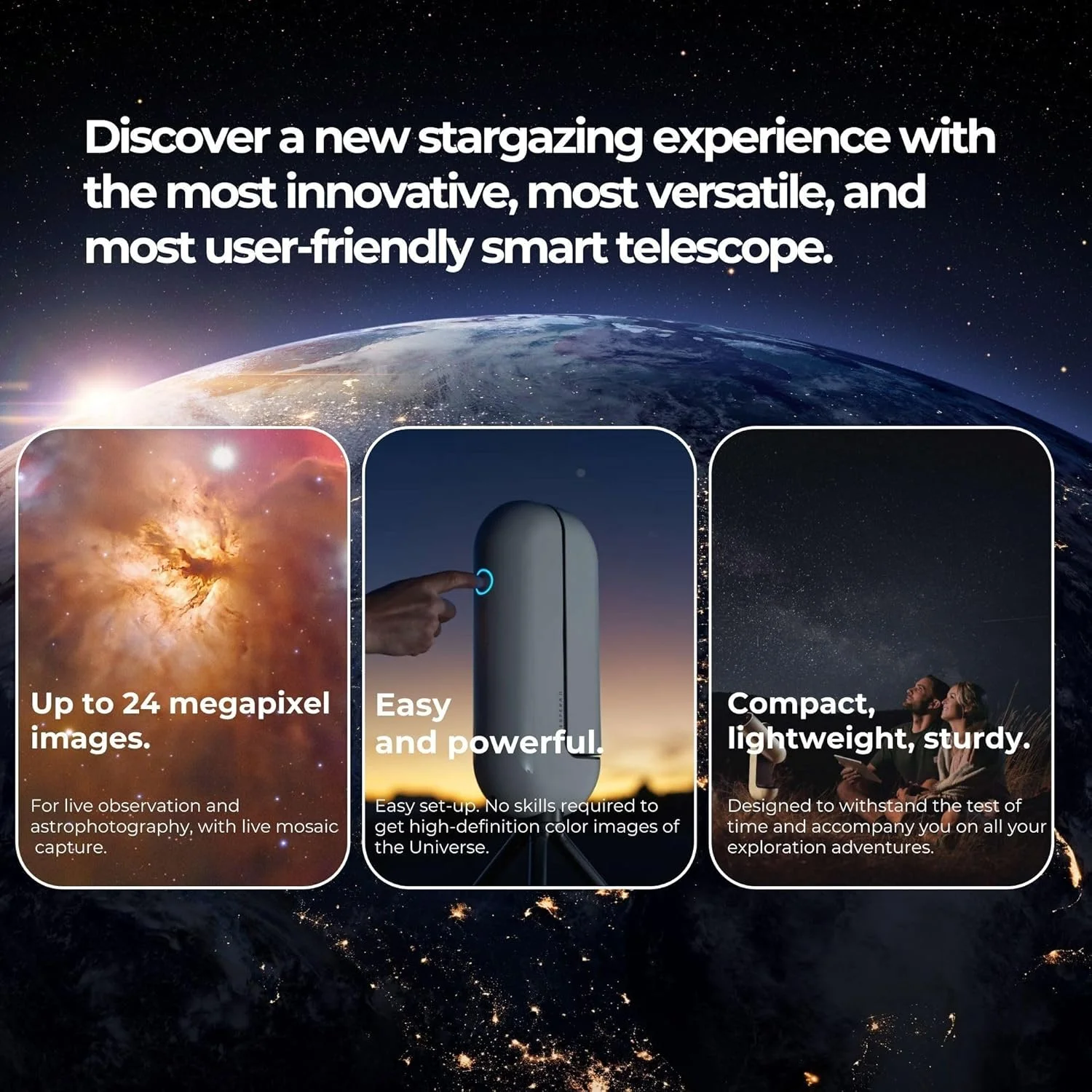 تلسکوپ هوشمند Vaonis Vespera II - دستگاه نجومی قابل حمل با قابلیت اتصال به برنامه - ایستگاه کاوش - کاملا خودکار و فوق سبک همراه با کیف سخت محافظ و سه پایه (3 قطعه)