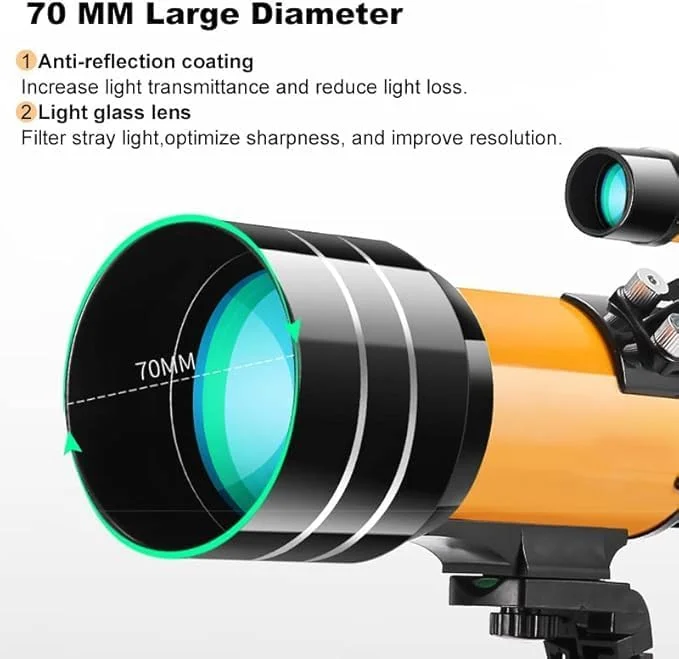 تلسکوپ با دیافراگم 70 میلی‌متری (بزرگنمایی 15X-150X) تلسکوپ‌های شکستنی قابل حمل برای بزرگسالان/مبتدیان نجوم، تلسکوپ مسافرتی حرفه‌ای 300 میلی‌متری با آداپتور تلفن هوشمند، ریموت کنترل بی‌سیم، فیلتر خورشیدی (مشکی کوتاه)