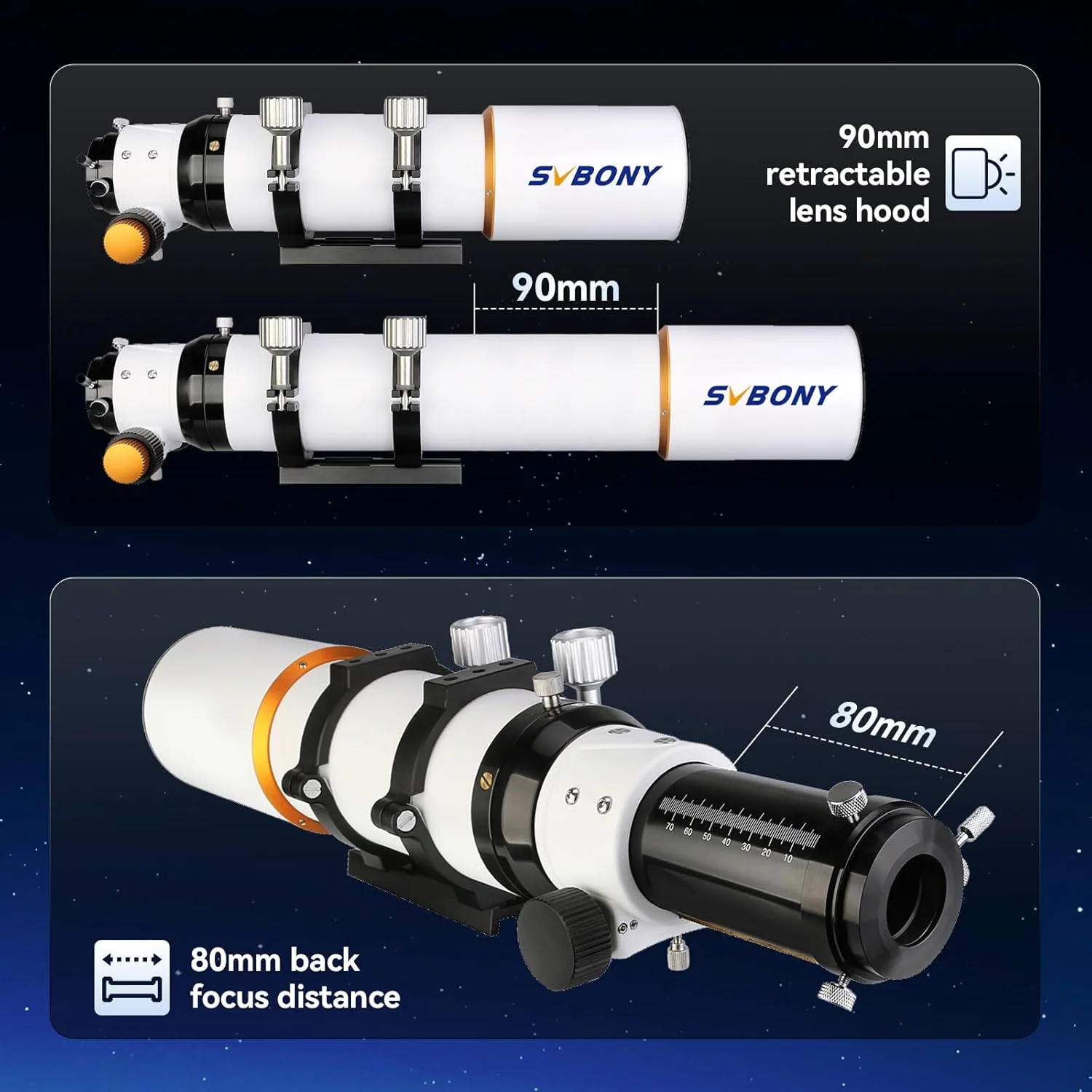 تلسکوپ SVBONY SV503 80ED F7 OTA با فاصله کانونی 560 میلی‌متر برای مشاهده و عکاسی نجومی استثنایی