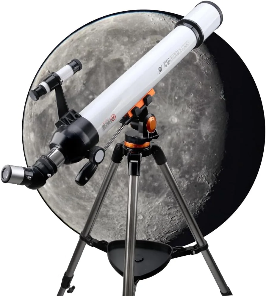 تلسکوپ با دهانه 70 میلی‌متری و فاصله کانونی 700 میلی‌متری - تلسکوپ شکستنی نجومی حرفه‌ای برای مبتدیان - با پایه تلفن، سه‌پایه استیل، کیف دستی، لنز بارلو 5X فلزی، فیلتر