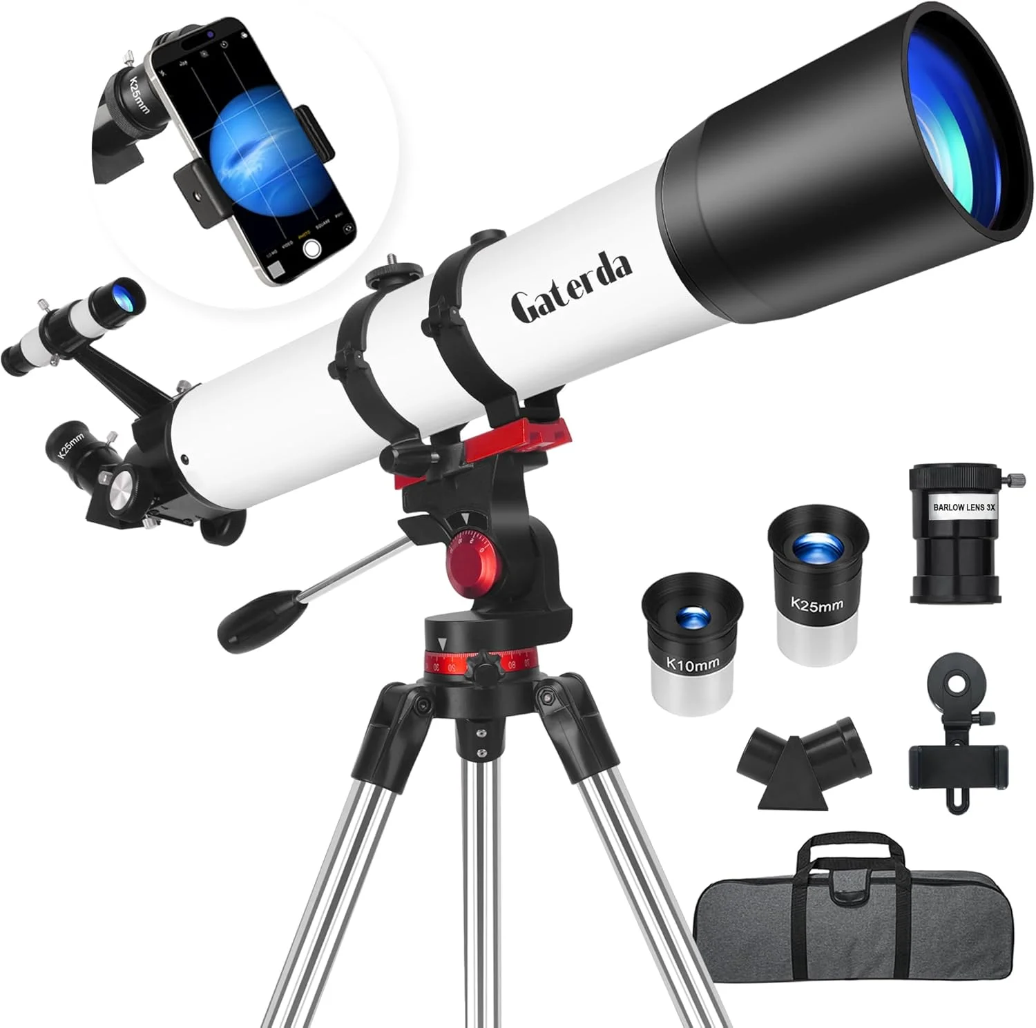 تلسکوپ، تلسکوپ با دیافراگم 90 میلی‌متری برای نجوم، تلسکوپ انکساری برای مبتدیان با منظره‌یاب، سه‌پایه، آداپتور تلفن برای مشاهده سیارات و ستارگان