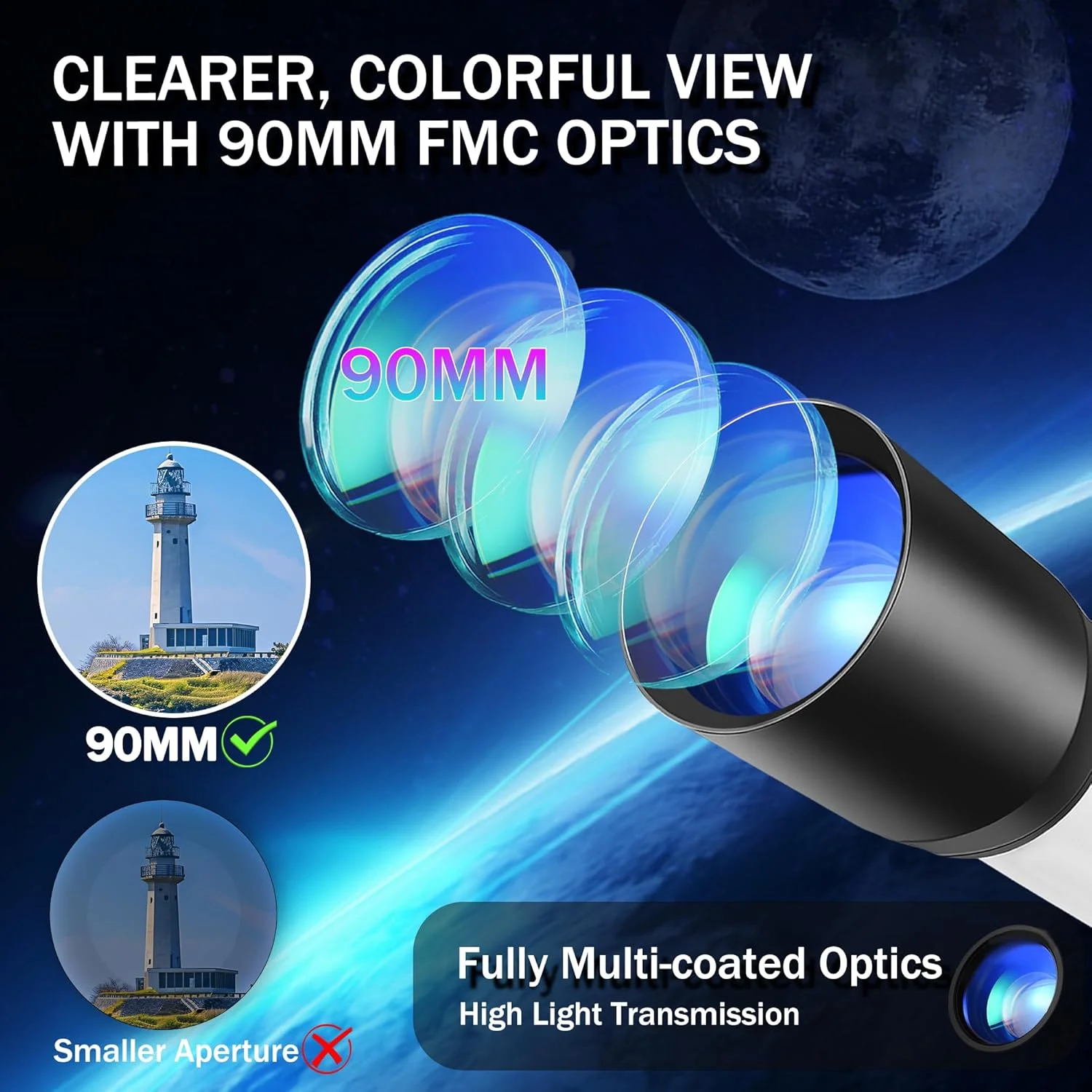 تلسکوپ، تلسکوپ با دیافراگم 90 میلی‌متری برای نجوم، تلسکوپ انکساری برای مبتدیان با منظره‌یاب، سه‌پایه، آداپتور تلفن برای مشاهده سیارات و ستارگان