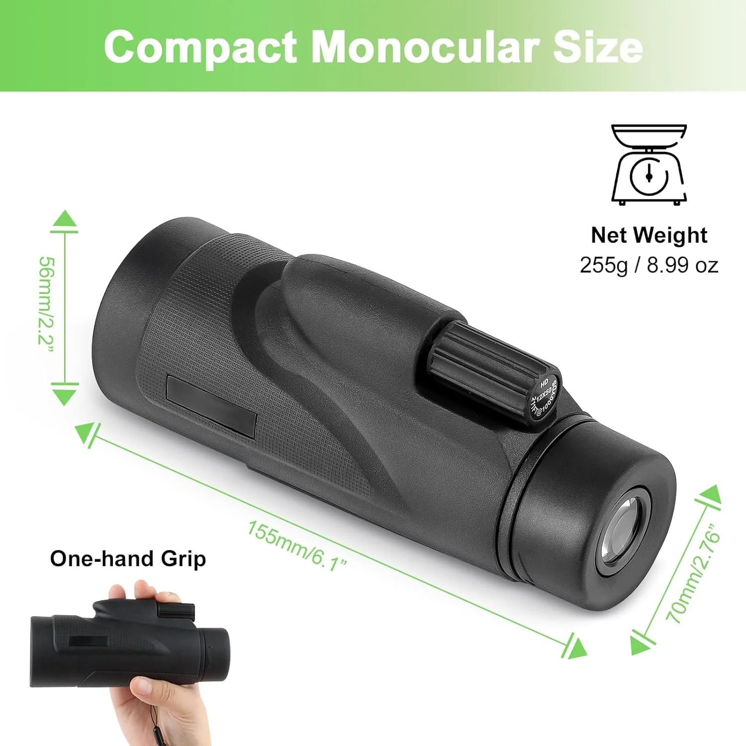 تلسکوپ تک چشمی 12x50 FOCUHUNTER، لنزهای کاملاً چند لایه، تلسکوپ دستی قابل حمل ضد ضربه و ضد آب با طناب حمل برای تماشای پرندگان و ورزش های فضای باز