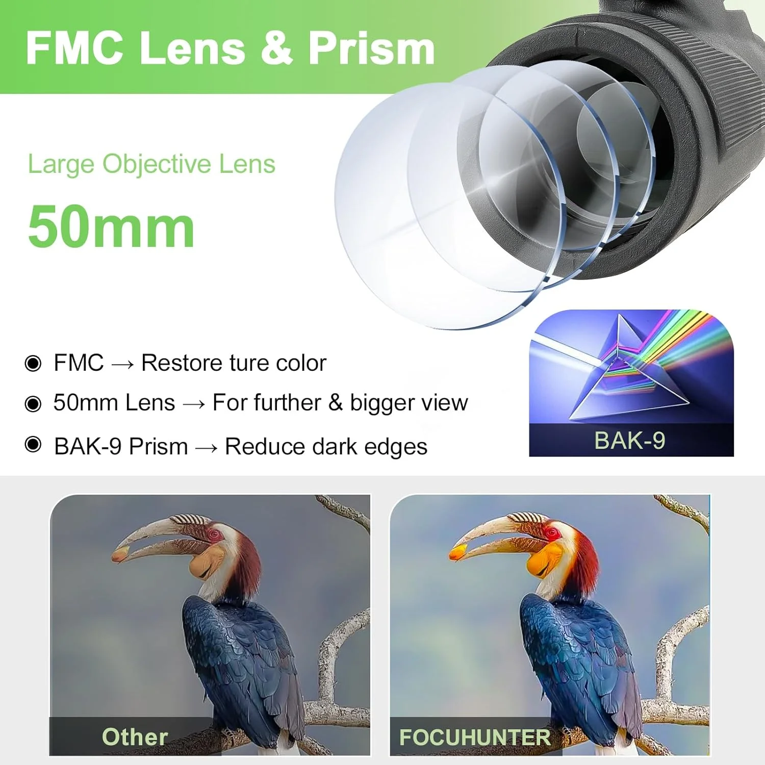 تلسکوپ تک چشمی 12x50 FOCUHUNTER، لنزهای کاملاً چند لایه، تلسکوپ دستی قابل حمل ضد ضربه و ضد آب با طناب حمل برای تماشای پرندگان و ورزش های فضای باز