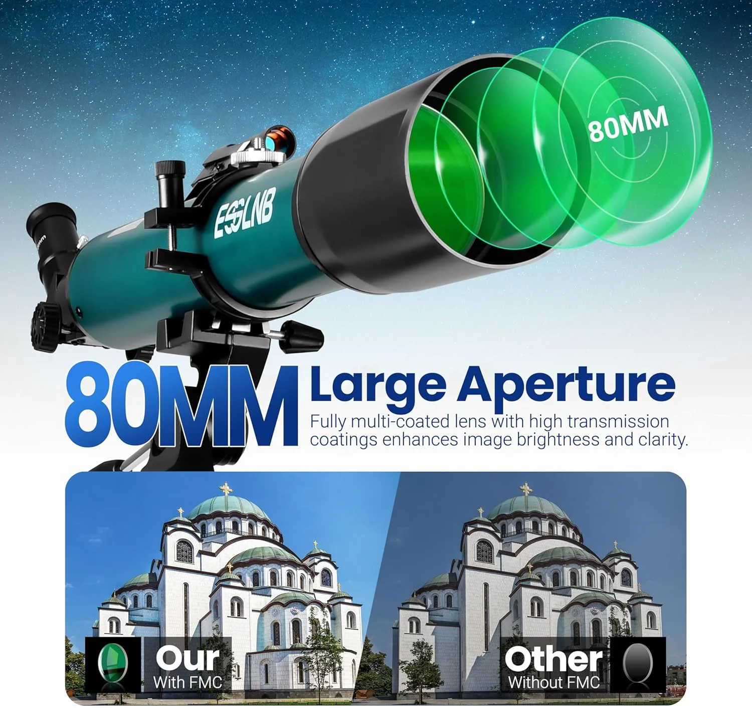 تلسکوپ ESSLNB برای نجوم، مناسب بزرگسالان، کودکان و مبتدیان، با لنز 80 میلی‌متری با پوشش کامل، آداپتور تلفن 10x، سه‌پایه قابل تنظیم، لنز بارلو 3x، کیف و فیلتر ماه