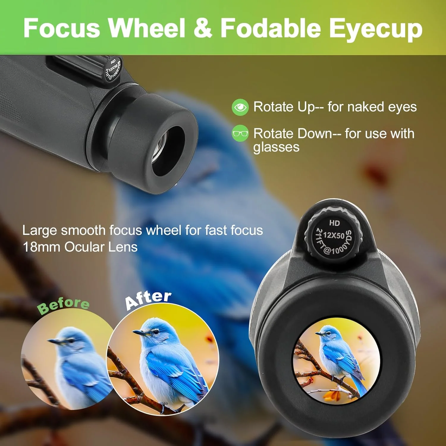 تلسکوپ تک چشمی 12x50 FOCUHUNTER، لنزهای کاملاً چند لایه، تلسکوپ دستی قابل حمل ضد ضربه و ضد آب با طناب حمل برای تماشای پرندگان و ورزش های فضای باز