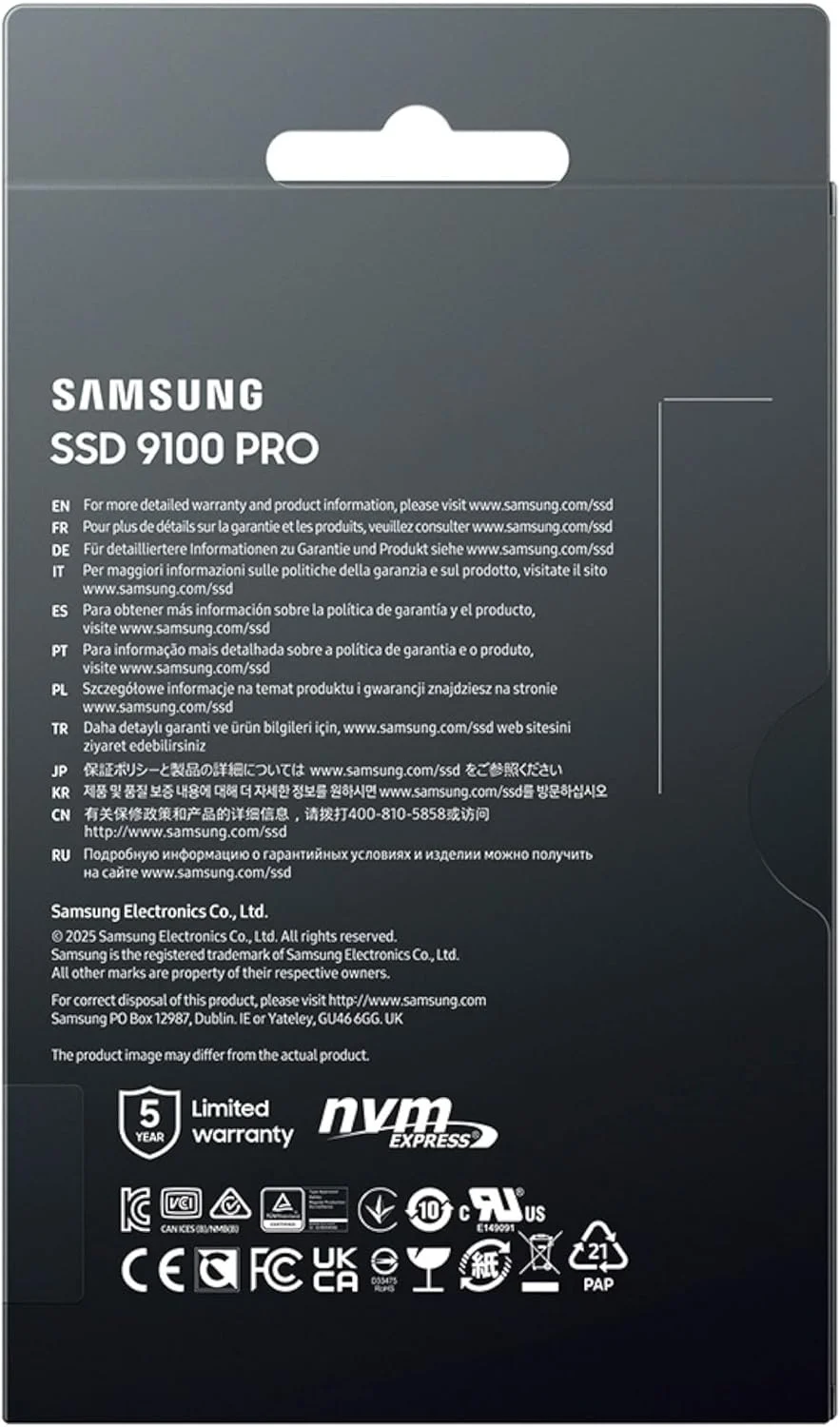 حافظه اس اس دی SAMSUNG 9100 PRO با ظرفیت 8 ترابایت، PCIe 5.0x4 M.2 2280، سرعت خواندن ترتیبی تا 14800 مگابایت بر ثانیه، مناسب برای محاسبات هوش مصنوعی، بازی و ایستگاه های کاری سنگین (MZ VAP8T0B/AM) حافظه اس اس دی SAMSUNG 9100 PRO با ظرفیت 8 ترابایت، PCIe 5.0x4 M.2 2280، سرعت خواندن ترتیبی تا 14800 مگابایت بر ثانیه، مناسب برای محاسبات هوش مصنوعی، بازی و ایستگاه های کاری سنگین (MZ VAP8T0B/AM)