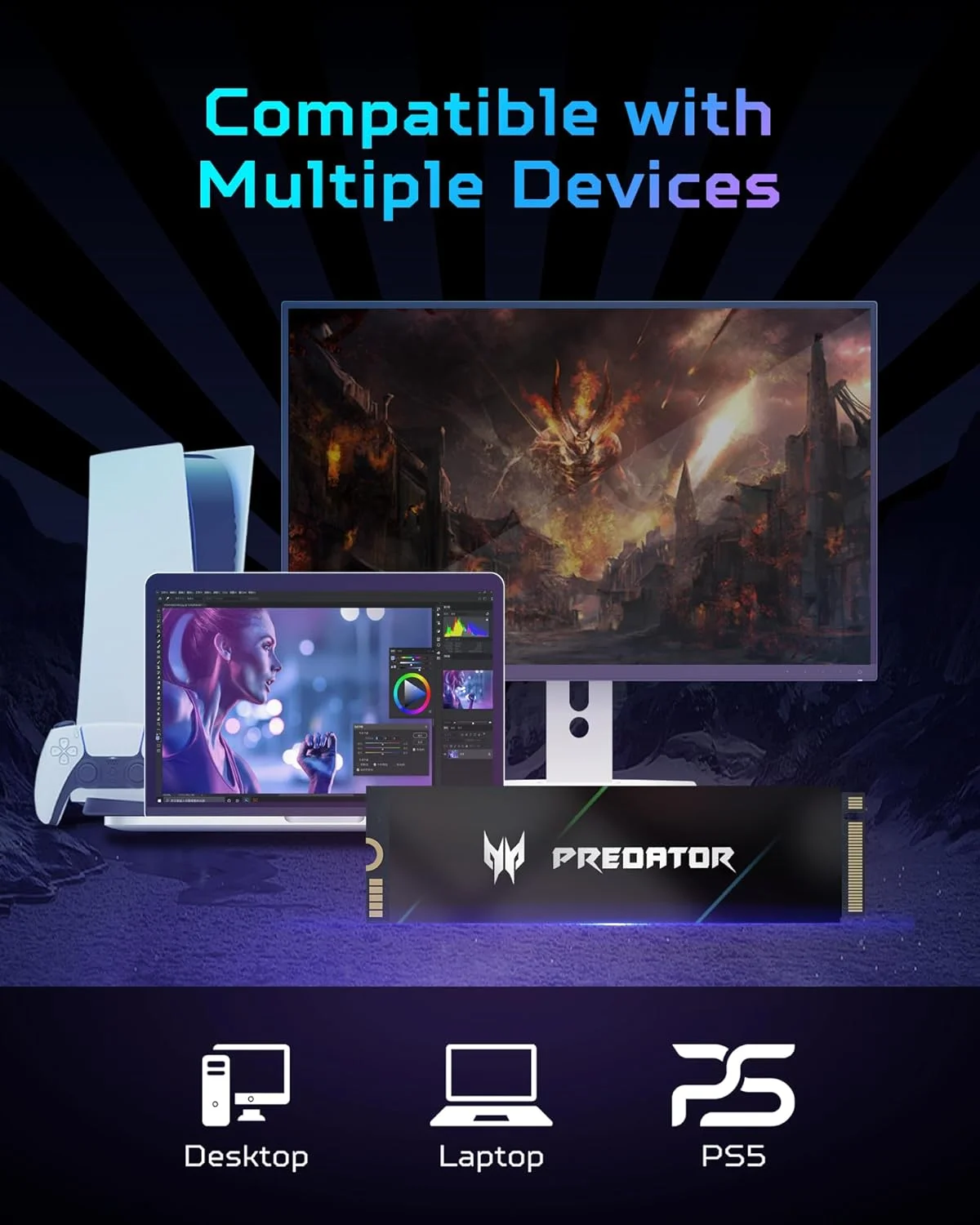 حافظه اس اس دی M.2 مدل Predator GM7000 با ظرفیت 4 ترابایت، کش DRAM، NVMe 1.4 2280 PCIe Gen4×4 سرعت فوق العاده بالا (حداکثر خواندن: 7400 مگابایت بر ثانیه، حداکثر نوشتن: 6700 مگابایت بر ثانیه) 3D NAND TLC حافظه اس اس دی داخلی سازگار با PS5 Pro - BL.9BWWR.107