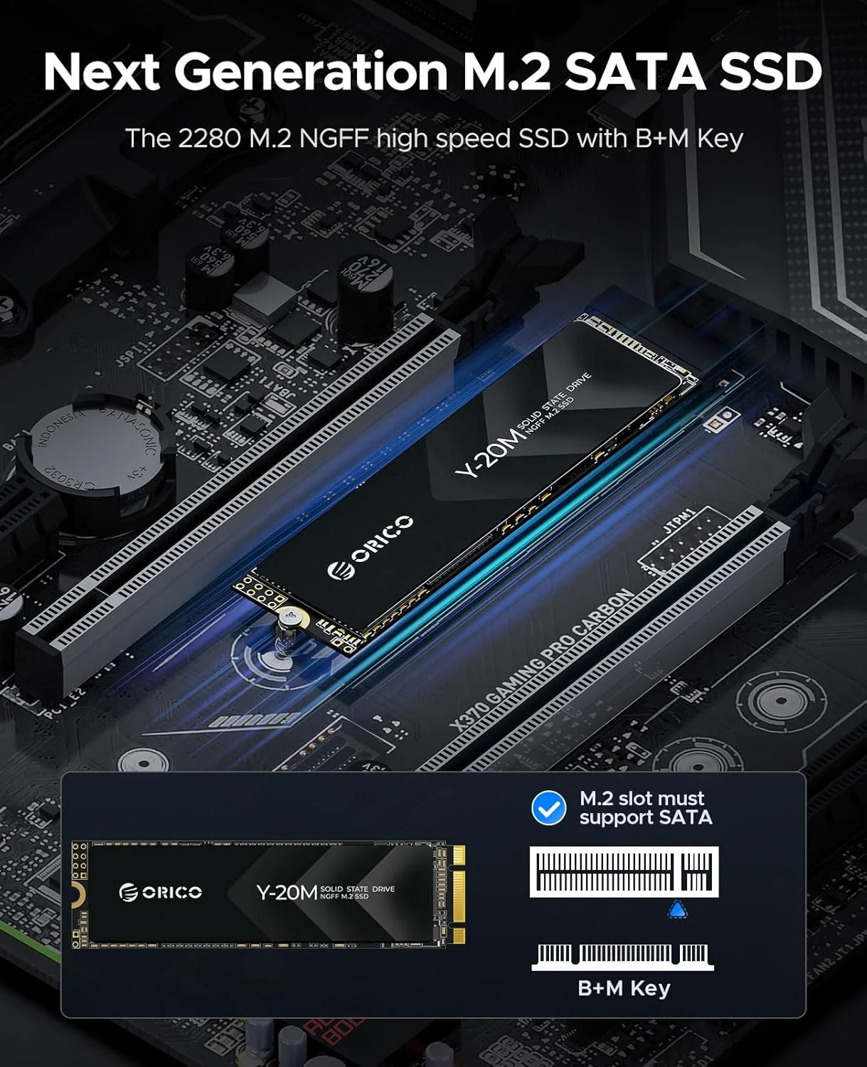 درایو حالت جامد ORICO 128GB M.2 2280 SATA SSD، SATA III 6Gbps M.2 با کلید B+M، سرعت 500 مگابایت بر ثانیه، درایو داخلی برای کامپیوتر رومیزی/لپ تاپ - Y20M