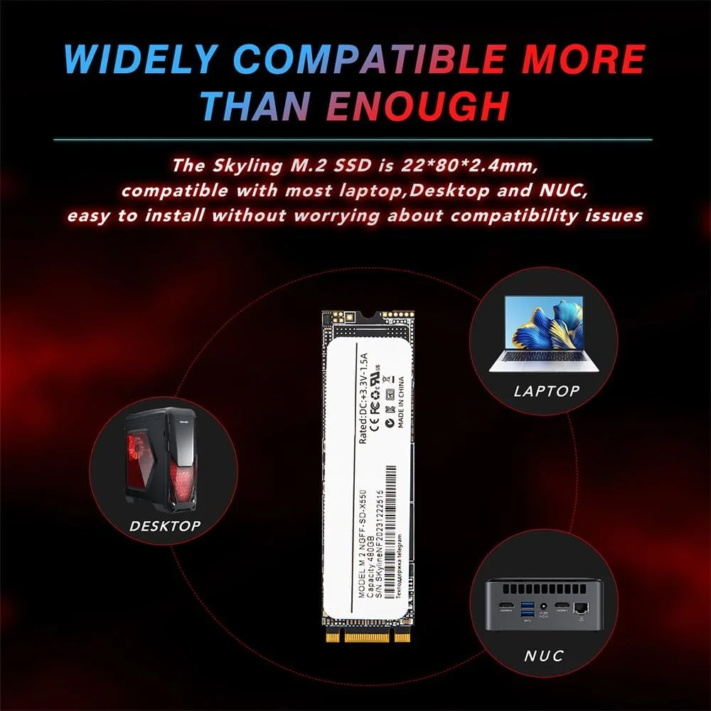 درایو حالت جامد داخلی SSD با ظرفیت 2 ترابایت، M.2 NVMe SSD 2280 - سرعت تا 1050 مگابایت بر ثانیه، با فناوری فلش 3D TLC، سازگار با کامپیوتر رومیزی/لپ تاپ/نوت بوک