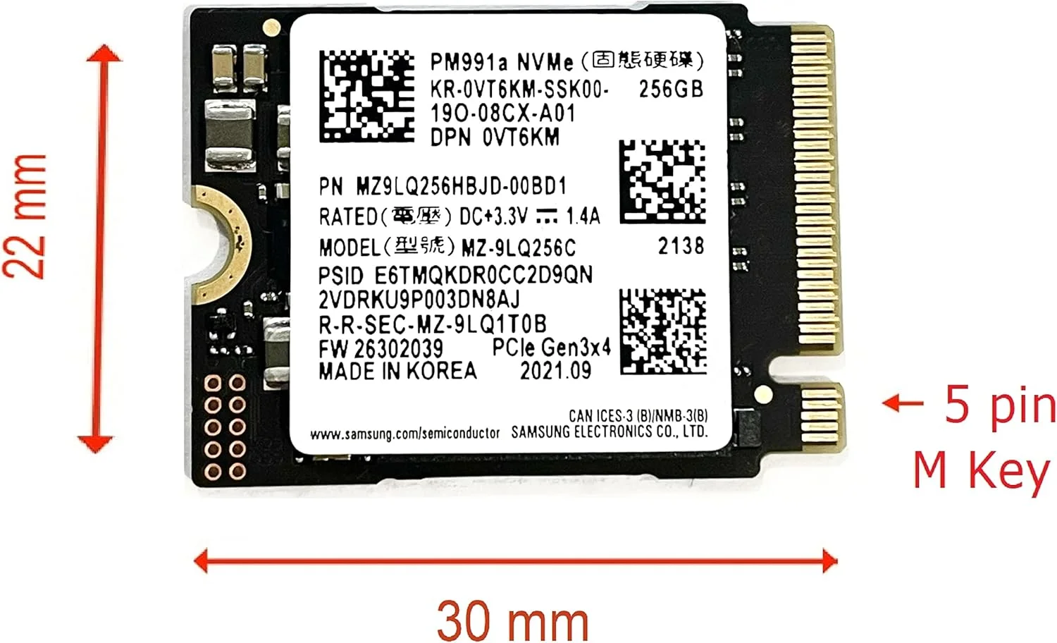 درایو حالت جامد داخلی 256 گیگابایتی Samsung M.2 PCI-e NVME SSD، فرم فاکتور 30 میلی متری 2230، کلید M