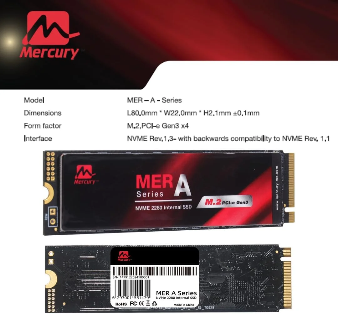 حافظه اس اس دی M.2 NVMe مرکوری سری MERA، PCIe Gen3 x4، 2280، سرعت خواندن 3400 مگابایت بر ثانیه، سرعت نوشتن 3100 مگابایت بر ثانیه (1 ترابایت)
