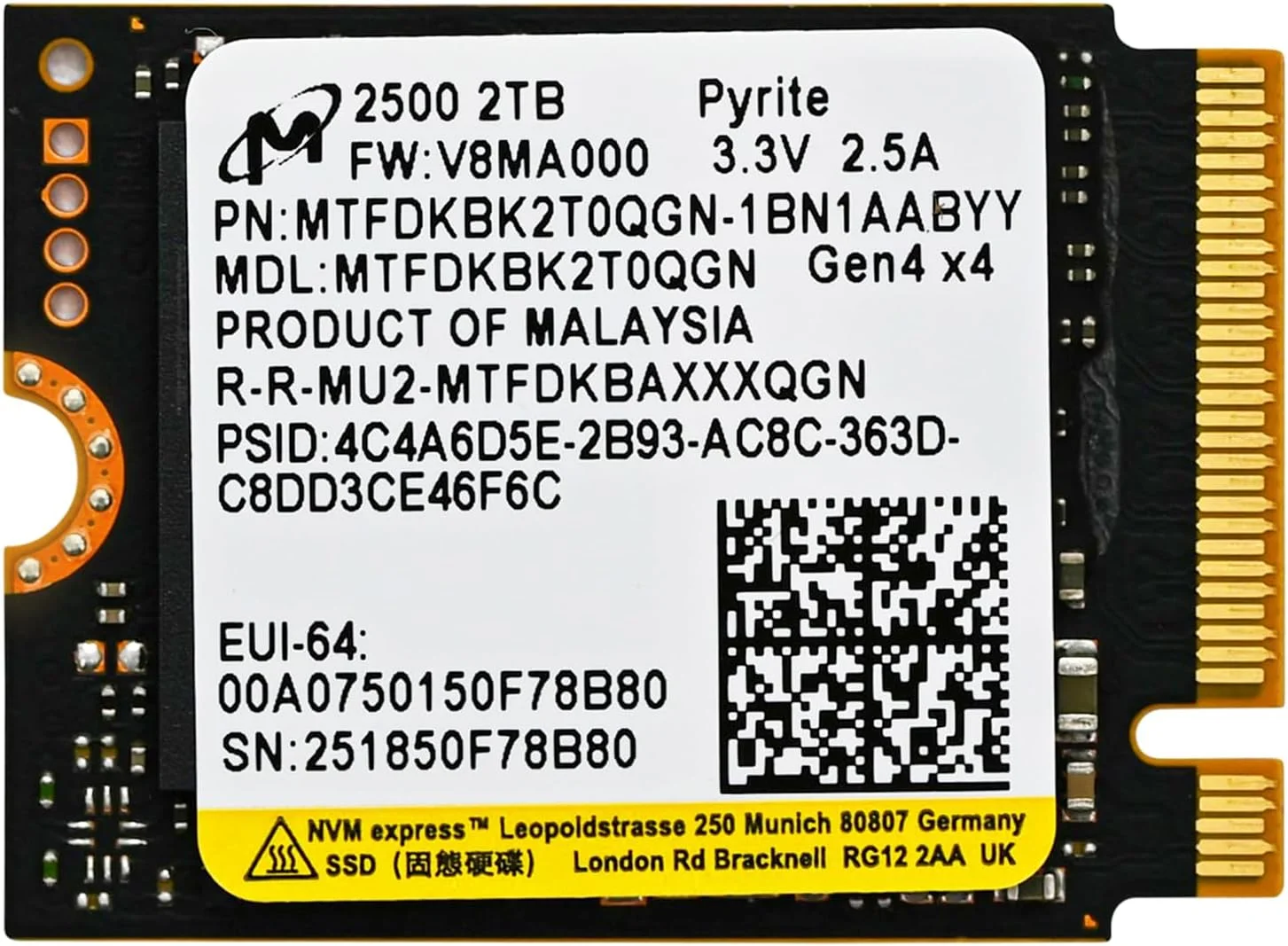 اس اس دی Micron 2500 M.2 2230 PCIe Gen 4.0x4 NVMe با ظرفیت 2 ترابایت و سرعت خواندن تا 7100 مگابایت بر ثانیه، سازگار با Steam Deck، Surface Ally، مینی کامپیوترها و لپ تاپ ها (2 ترابایت)