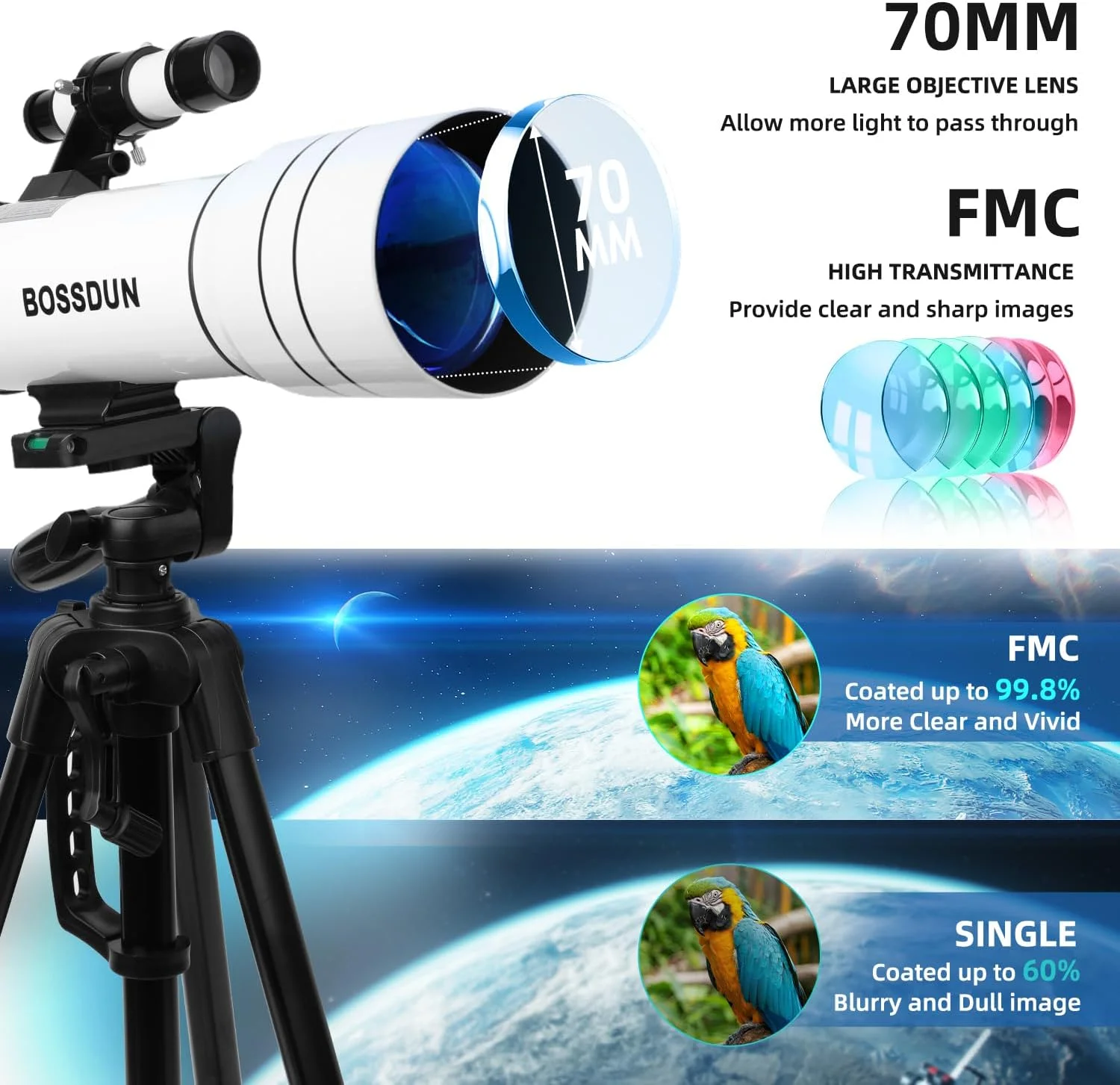 تلسکوپ نجومی، دهانه 70 میلی‌متر، شکست نور 400 میلی‌متر، به همراه آداپتور تلفن هوشمند، سه پایه، برای مبتدیان، مشکی (سفید)