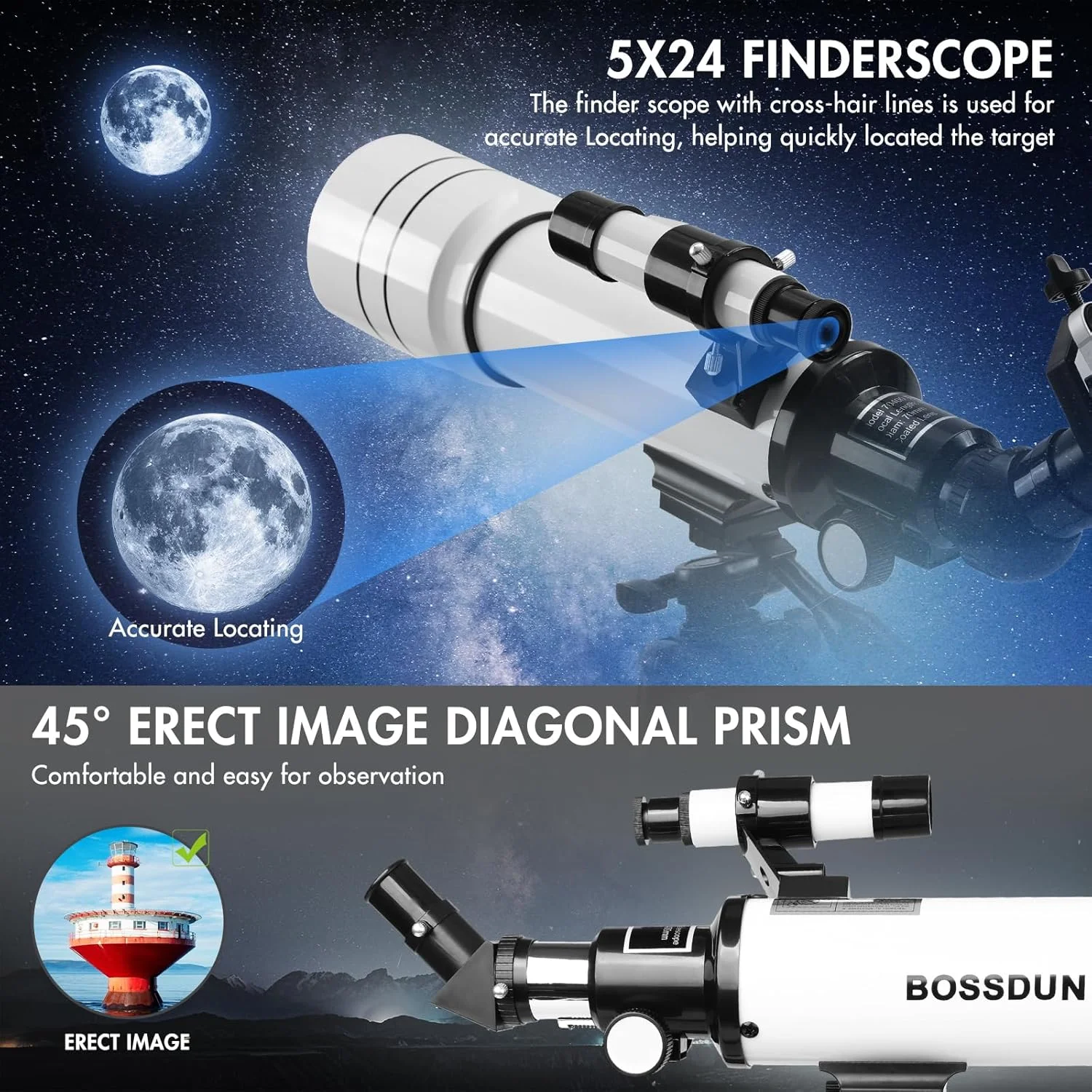 تلسکوپ نجومی، دهانه 70 میلی‌متر، شکست نور 400 میلی‌متر، به همراه آداپتور تلفن هوشمند، سه پایه، برای مبتدیان، مشکی (سفید)