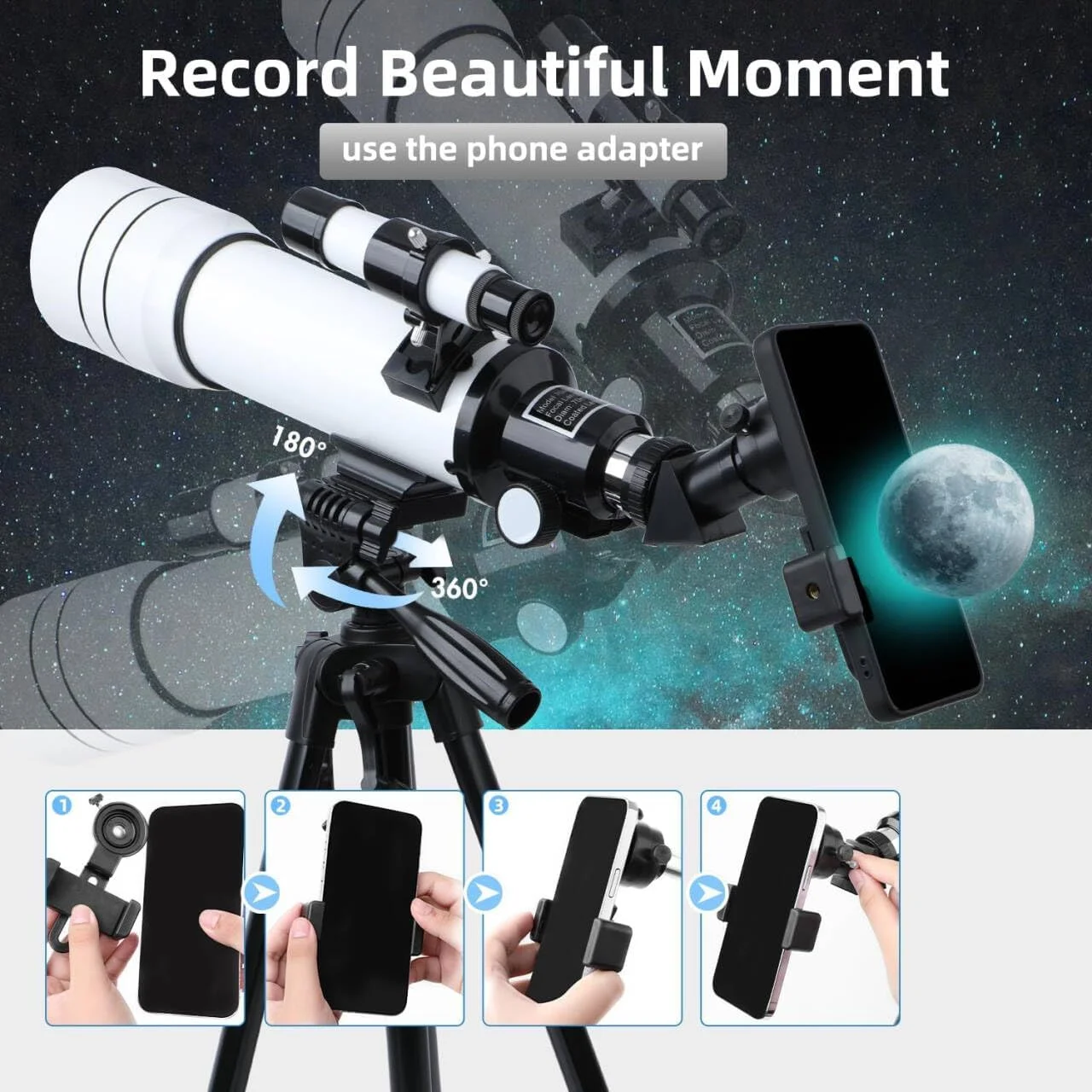 تلسکوپ نجومی، دهانه 70 میلی‌متر، شکست نور 400 میلی‌متر، به همراه آداپتور تلفن هوشمند، سه پایه، برای مبتدیان، مشکی (سفید)