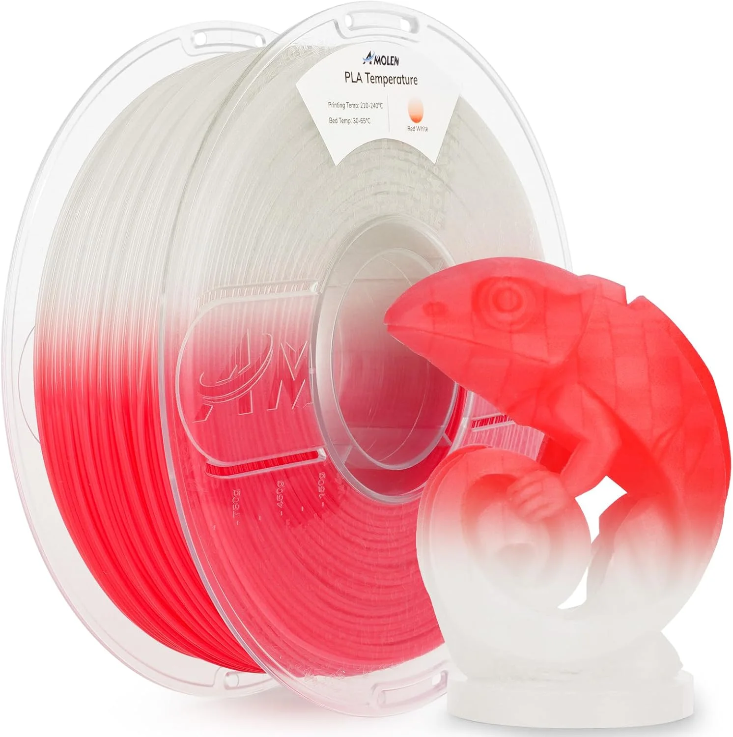 فیلامنت پرینتر سه بعدی آمولن، فیلامنت PLA تغییر دما قرمز به سفید 1.75 میلی متر، تغییر رنگ دما با دما، دقت ابعادی +/- 0.02 میلی متر، 1 کیلوگرم/2.2 پوند، مناسب برای اکثر پرینترهای FDM