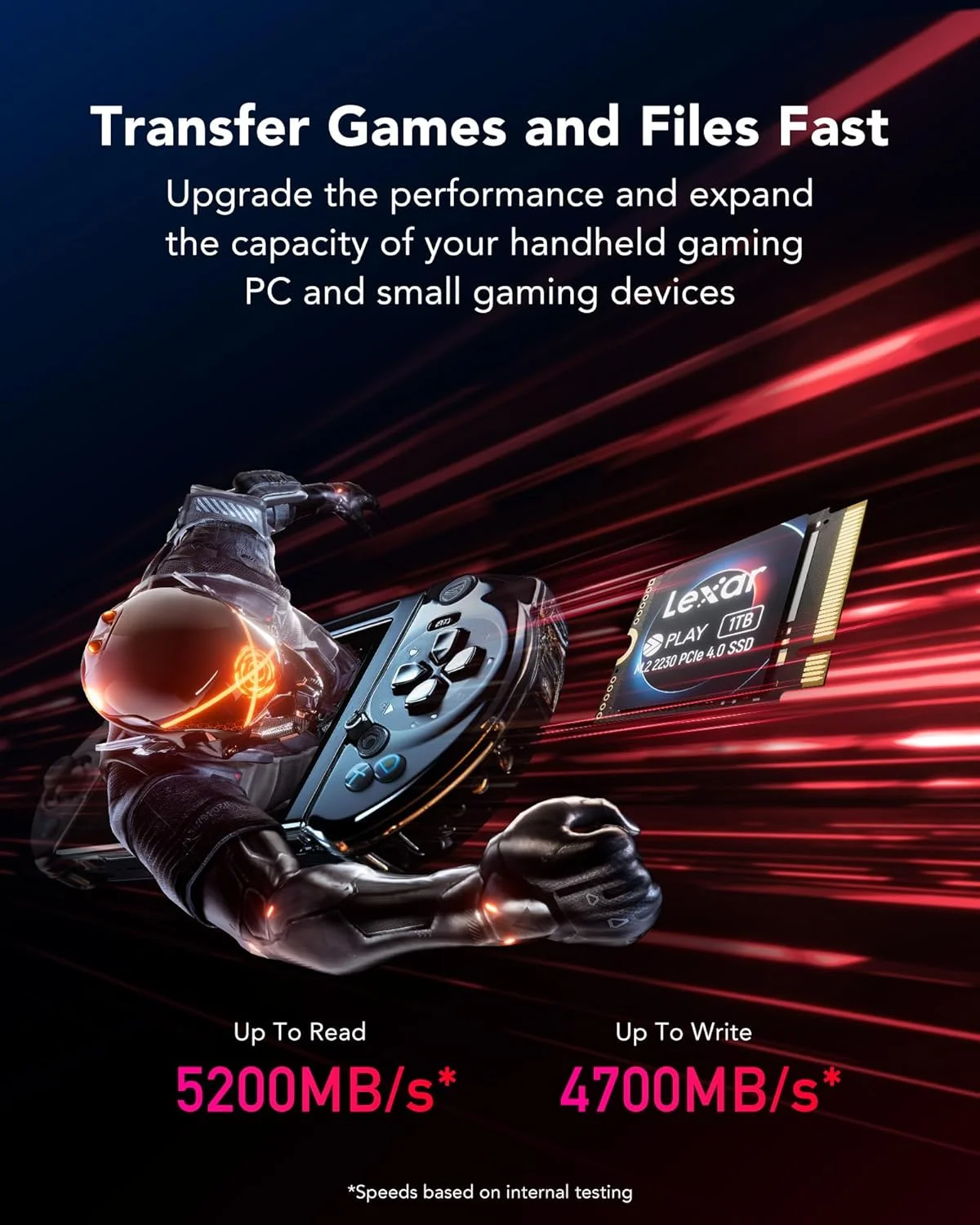 درایو حالت جامد داخلی Lexar PLAY 2230 PCIe 4.0 با ظرفیت 1 ترابایت، M.2 2230 PCIe Gen4x4 SSD، سرعت خواندن تا 5200 مگابایت بر ثانیه، سرعت نوشتن 4700 مگابایت بر ثانیه، درایو حالت جامد داخلی سازگار با Steam Deck و ASUS ROG Ally (LNMPLAY001T-RNNNG)