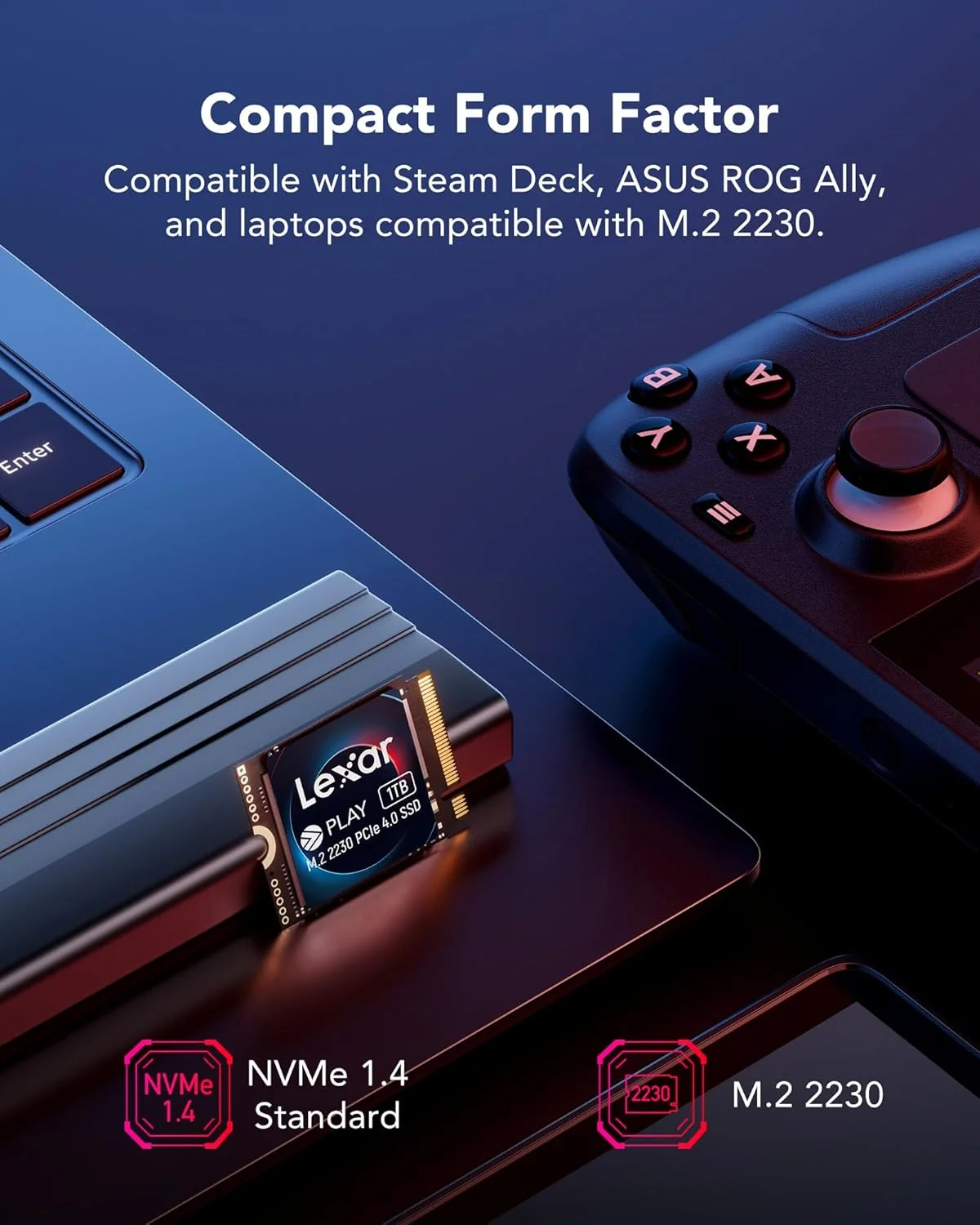 درایو حالت جامد داخلی Lexar PLAY 2230 PCIe 4.0 با ظرفیت 1 ترابایت، M.2 2230 PCIe Gen4x4 SSD، سرعت خواندن تا 5200 مگابایت بر ثانیه، سرعت نوشتن 4700 مگابایت بر ثانیه، درایو حالت جامد داخلی سازگار با Steam Deck و ASUS ROG Ally (LNMPLAY001T-RNNNG)