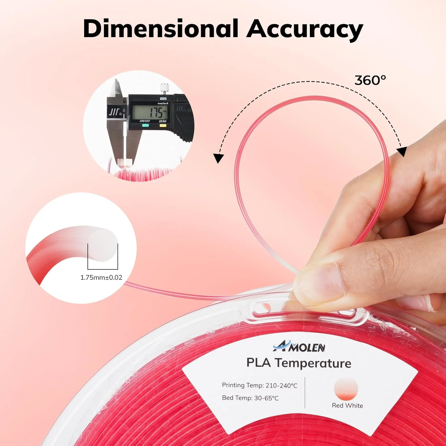 فیلامنت پرینتر سه بعدی آمولن، فیلامنت PLA تغییر دما قرمز به سفید 1.75 میلی متر، تغییر رنگ دما با دما، دقت ابعادی +/- 0.02 میلی متر، 1 کیلوگرم/2.2 پوند، مناسب برای اکثر پرینترهای FDM