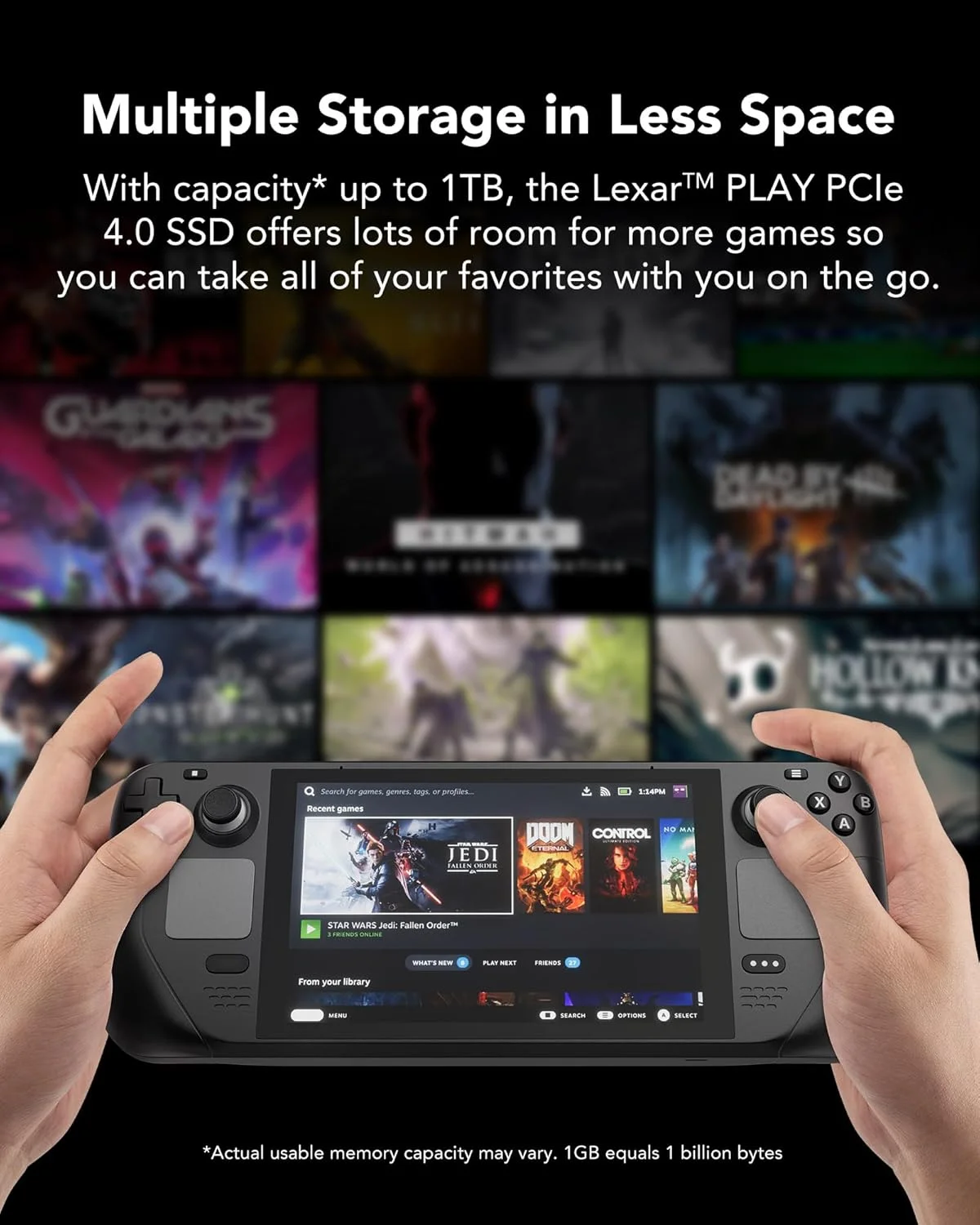 درایو حالت جامد داخلی Lexar PLAY 2230 PCIe 4.0 با ظرفیت 1 ترابایت، M.2 2230 PCIe Gen4x4 SSD، سرعت خواندن تا 5200 مگابایت بر ثانیه، سرعت نوشتن 4700 مگابایت بر ثانیه، درایو حالت جامد داخلی سازگار با Steam Deck و ASUS ROG Ally (LNMPLAY001T-RNNNG)