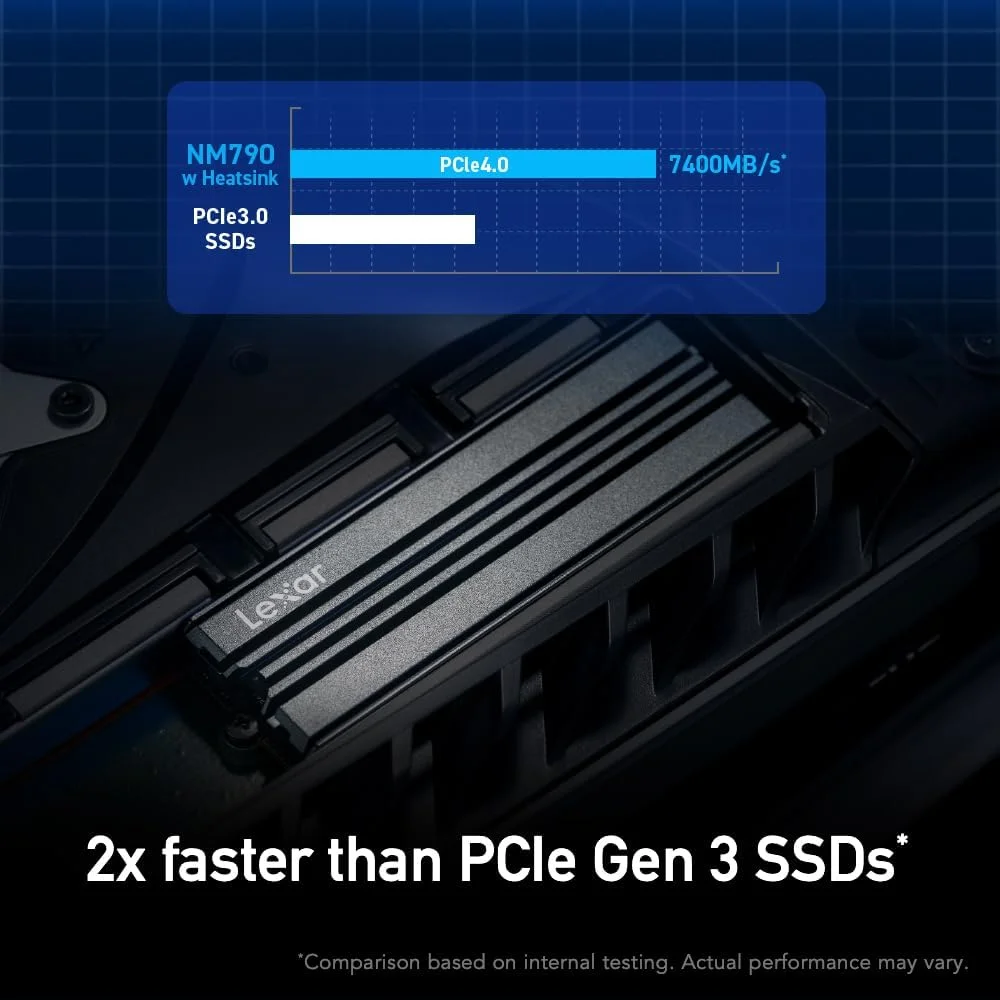 درایو حالت جامد داخلی Lexar NM790 SSD با هیت سینک 1 ترابایت PCIe Gen4 NVMe M.2 2280، سرعت تا 7400 مگابایت بر ثانیه، سازگار با PS5، برای گیمرها و تولیدکنندگان محتوا (LNM790X001T-RN9NU)