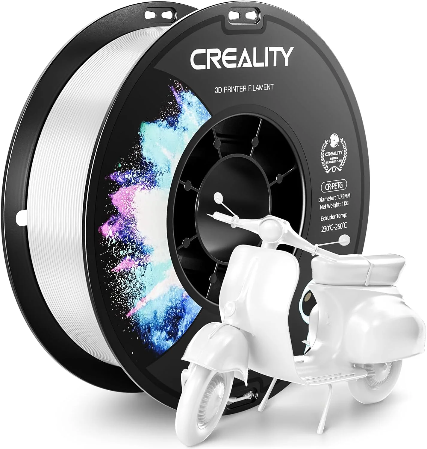 فیلامنت PETG کرالیتی 1.75 میلی‌متری، فیلامنت پرینتر سه بعدی، 1 کیلوگرم (2.2 پوند)، قرقره مرتب پیچیده شده، دقت ابعادی ±0.03 میلی‌متر، چقرمگی عالی، مناسب برای اکثر پرینترهای سه بعدی FDM، PETG سفید