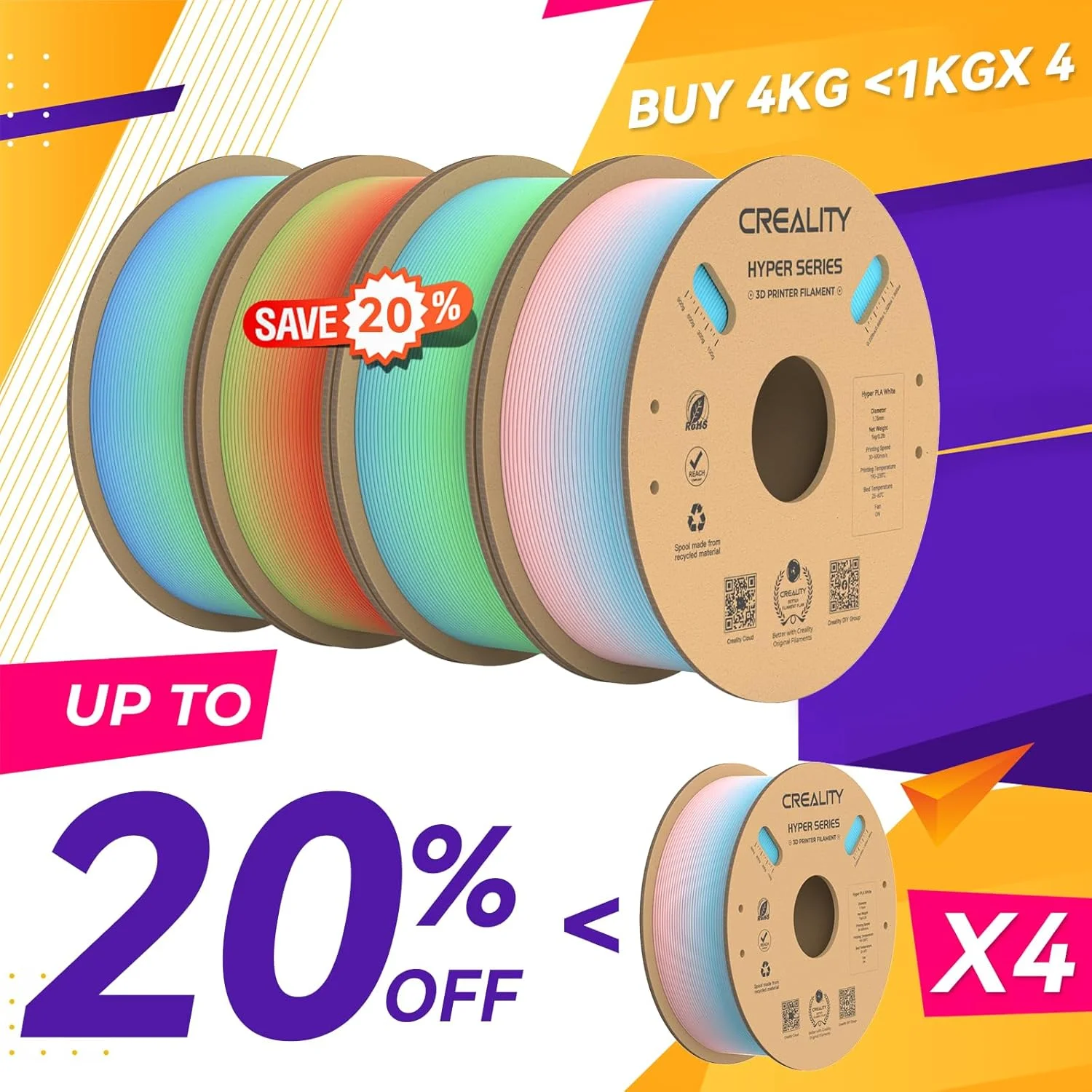 فیلامنت هایپر PLA کرالیتی 1.75 میلی‌متر، فیلامنت پرینتر سه بعدی با سرعت بالا 30-300 میلی‌متر بر ثانیه، دقت ابعادی +/- 0.02 میلی‌متر، مناسب برای اکثر پرینترهای سه بعدی FDM، بسته 4 عددی 1 کیلوگرمی (2.2 پوند)، رنگین کمانی