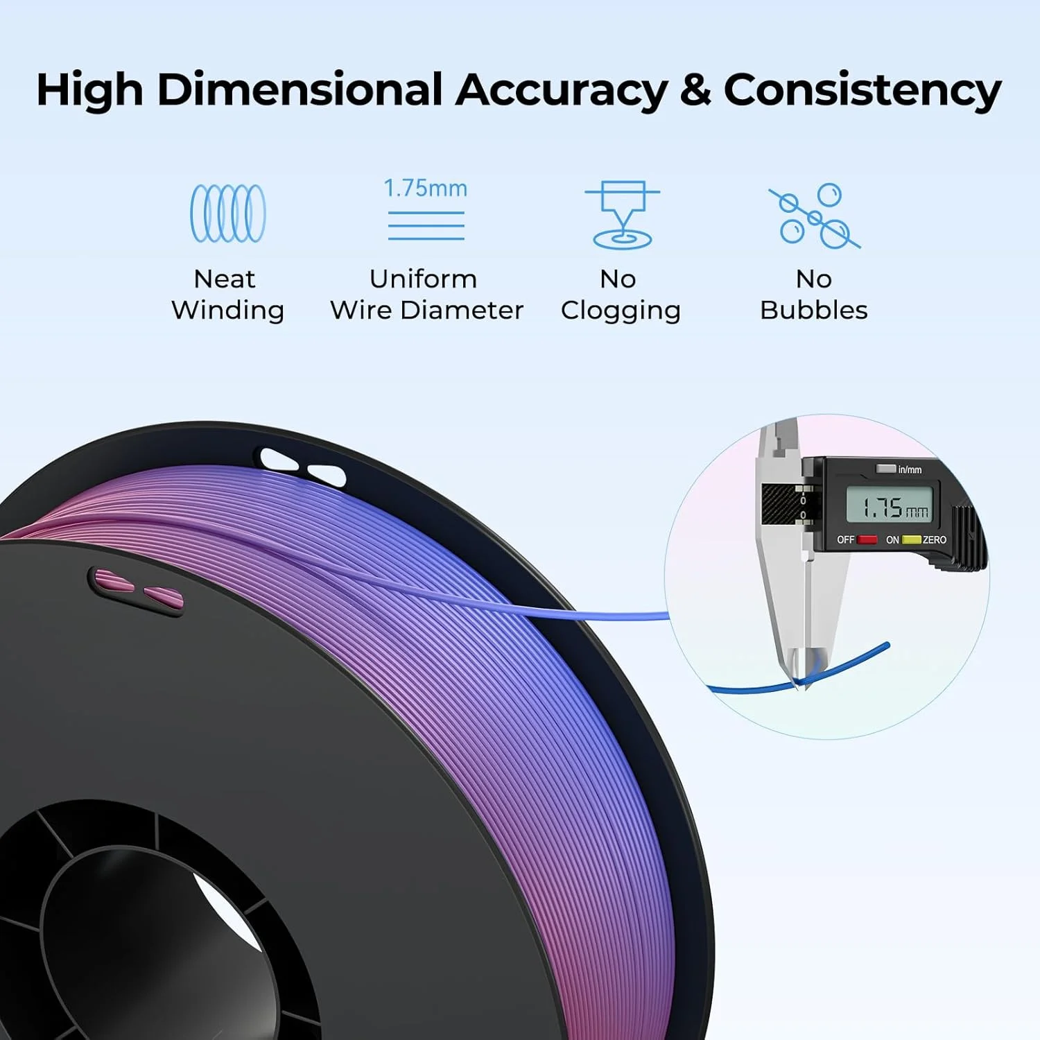 فیلامنت پرینتر سه بعدی کرالیتی 1.75 میلی متر، فیلامنت PLA+ رنگین کمانی ارتقا یافته، استحکام بالا، بدون گره خوردگی، بسته بندی خلاء، مناسب برای اکثر پرینترهای سه بعدی، قرقره 1 کیلوگرمی، دقت +/- 0.02 میلی متر، چند رنگ