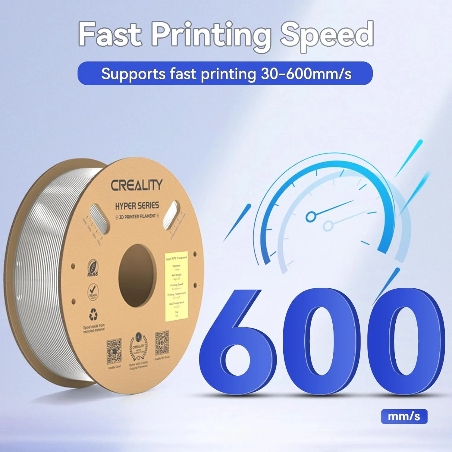 فیلامنت شفاف رسمی Creality Hyper PETG، شفاف 1.75 میلی‌متری، فیلامنت چاپگر سه بعدی PETG با سرعت بالا 600 میلی‌متر بر ثانیه، 1 کیلوگرم (2.2 پوند) در هر قرقره، دقت ابعادی ± 0.05 میلی‌متر