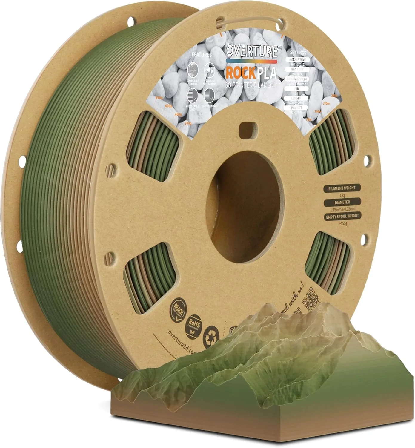 فیلامنت PLA سنگ OVERTURE 1.75mm، فیلامنت پرینتر سه بعدی PLA مرمر، رول 1 کیلوگرمی (2.2 پوند)، دقت ابعادی +/- 0.02 میلی متر، مناسب برای اکثر پرینترهای FDM (جنگل آلپاین)