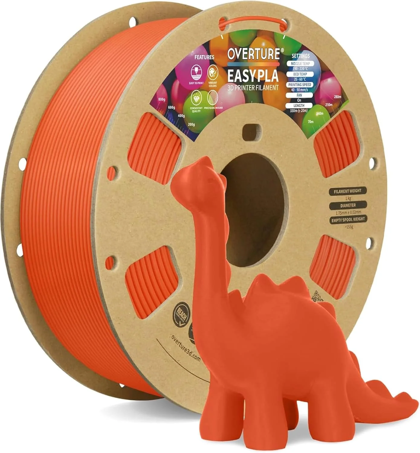 فیلامنت پرینتر سه بعدی PLA آسان OVERTURE، 1.75 میلی متر، قرقره مقوایی 1 کیلوگرمی (2.2 پوند)، دقت ابعادی +/- 0.02 میلی متر، مناسب برای اکثر پرینترهای FDM (نارنجی آسان)