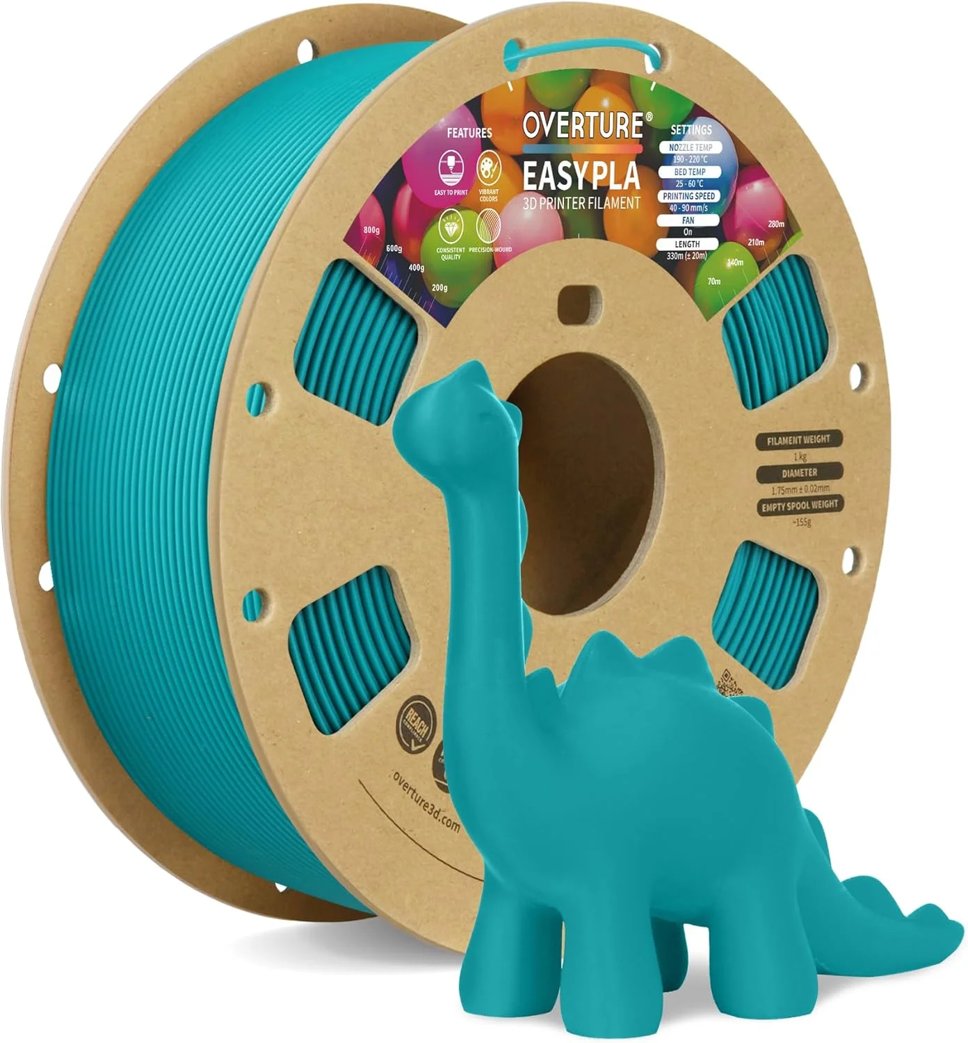 فیلامنت پرینتر سه بعدی PLA آسان OVERTURE، 1.75 میلی متر، قرقره مقوایی 1 کیلوگرمی (2.2 پوند)، دقت ابعادی +/- 0.02 میلی متر، مناسب برای اکثر پرینترهای FDM (سبز کاجی آسان)