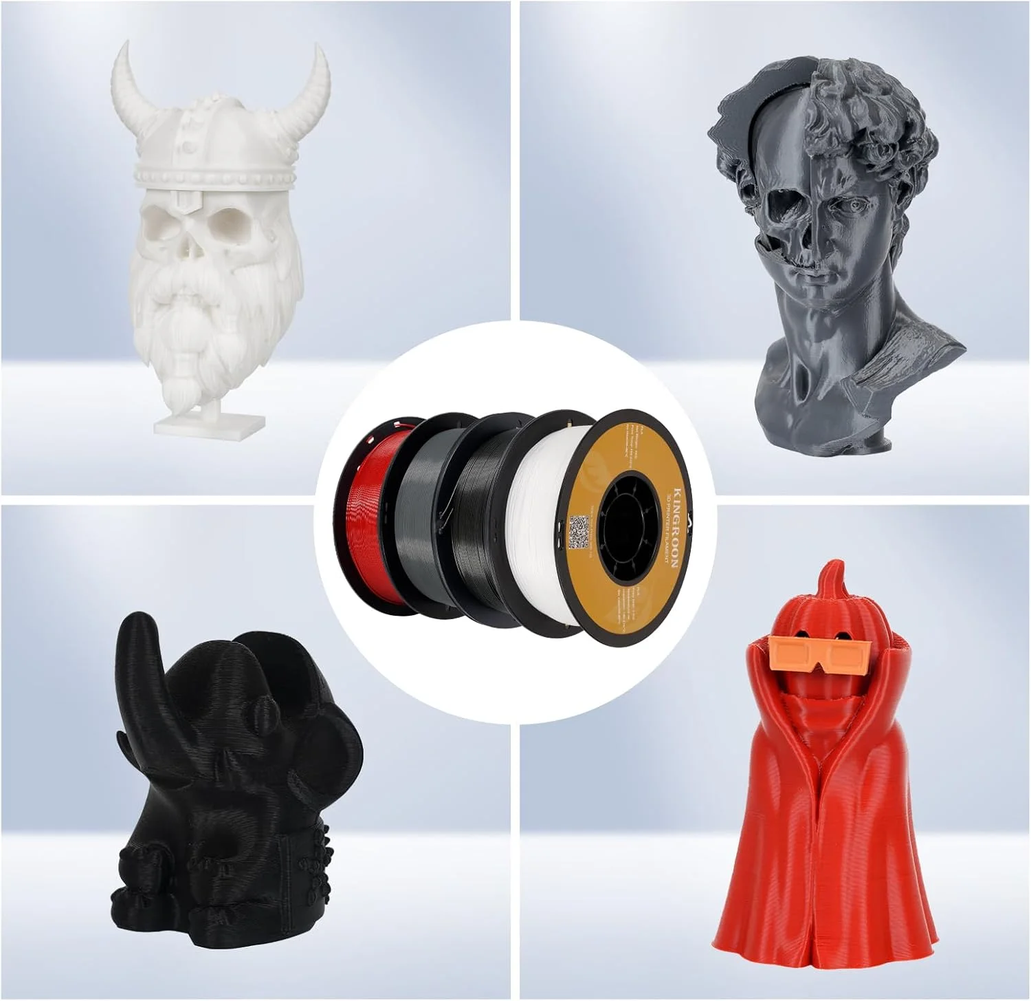 فیلامنت پرینتر سه بعدی PLA کینگ‌رون، 10 رول، دقت ابعادی +/- 0.02 میلی‌متر، 1 کیلوگرم در هر رول (2.2 پوند)، 1.75 میلی‌متر، 10 کیلوگرم ده رنگ مشکی سفید خاکستری قرمز آبی سبز نارنجی شفاف نقره‌ای زرد