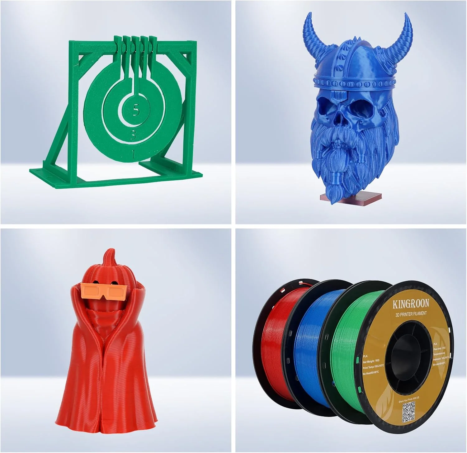 فیلامنت پرینتر سه بعدی PLA کینگ‌رون، 10 رول، دقت ابعادی +/- 0.02 میلی‌متر، 1 کیلوگرم در هر رول (2.2 پوند)، 1.75 میلی‌متر، 10 کیلوگرم ده رنگ مشکی سفید خاکستری قرمز آبی سبز نارنجی شفاف نقره‌ای زرد