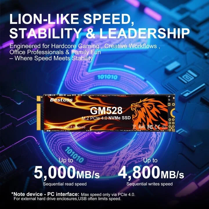 درایو حالت جامد داخلی GM528 2 ترابایتی M.2 SSD NVMe PCIe 2280، تا 5000 مگابایت بر ثانیه، حافظه کش 3D NAND SLC، SSD برای ذخیره سازی کامپیوتر گیمینگ، لپ تاپ تجاری، سرگرمی خانگی، گردش کار خلاقانه