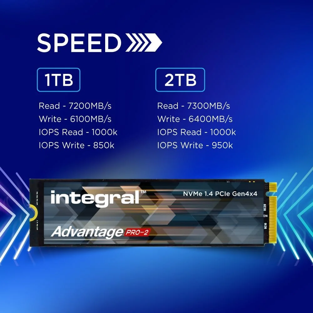 حافظه اس اس دی اینتگرال 1 ترابایت Advantage Pro-2 M.2 2280 PCIe Gen4 X4 NVMe 1.4 - سرعت خواندن تا 7200 مگابایت بر ثانیه و نوشتن 6100 مگابایت بر ثانیه - مناسب برای بازی، ویرایش ویدئو و عکس، طراحی، رندرینگ سه بعدی و موارد دیگر - درایو حالت جامد داخلی Gen4