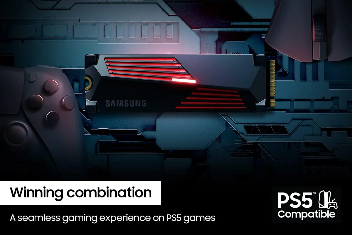 هارد درایو اس اس دی اینترنال سامسونگ 990 PRO با هیت سینک، ظرفیت 1 ترابایت، PCIe 4.0 M.2، سرعت فوق‌العاده برای گیمینگ، کنترل حرارت، حافظه گسترده، سازگار با پلی استیشن 5، مدل MZ-V9P1T0GW