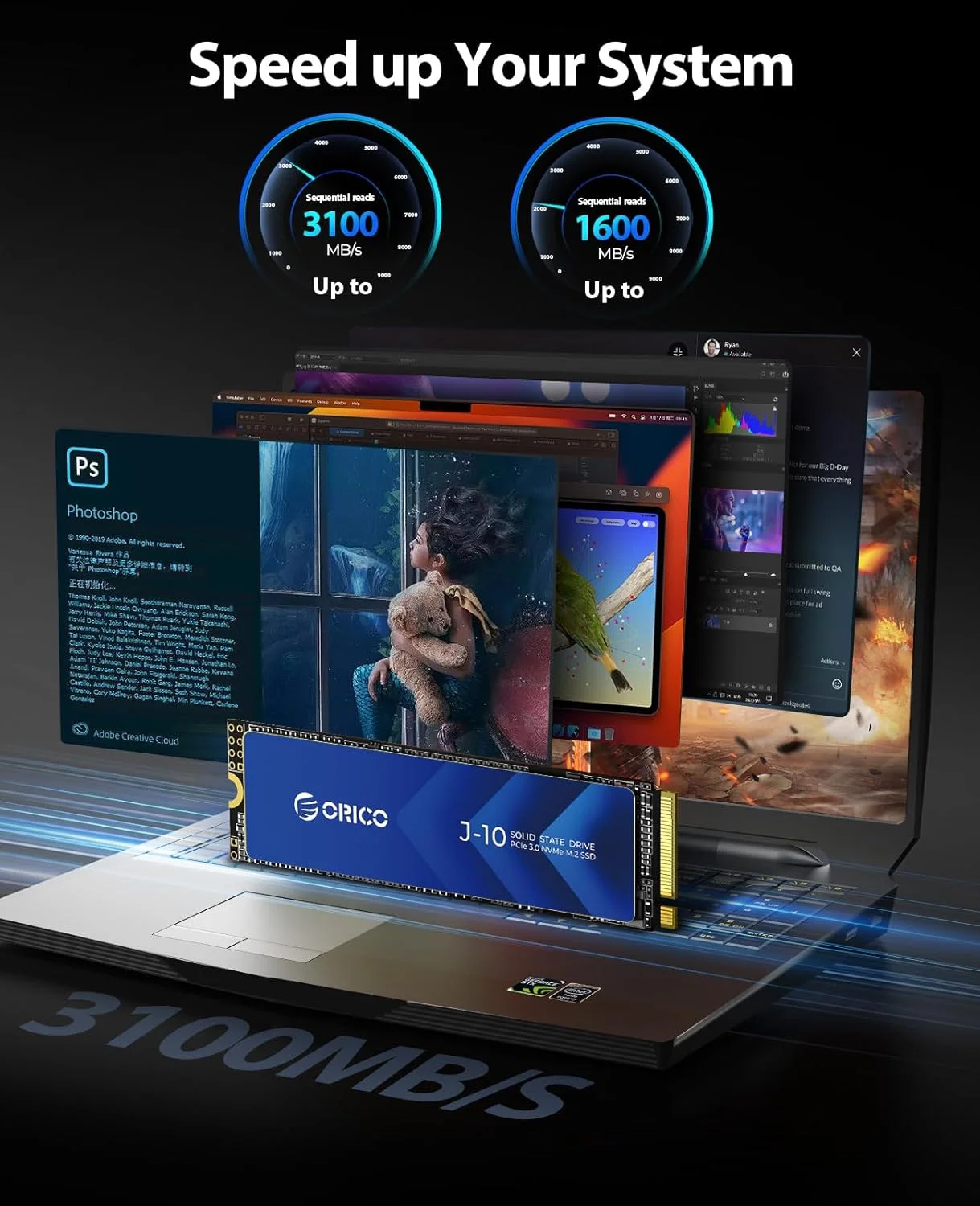 ORICO NVMe SSD 2TB M.2 با هیت سینک، سرعت تا 3100 مگابایت بر ثانیه PCIe Gen3x4 2280 درایو حالت جامد داخلی، SLC Cache 3D NAND، سازگار با لپ تاپ و کامپیوترهای رومیزی - J10