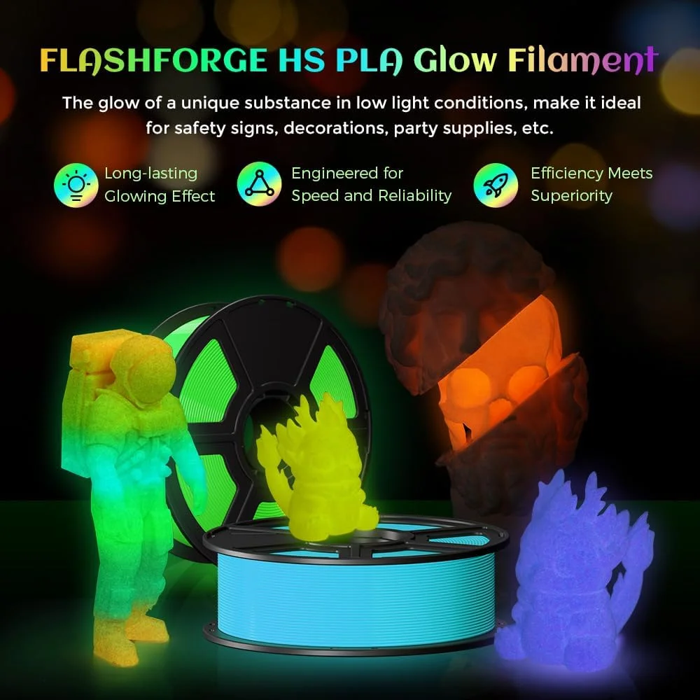فیلامنت PLA سریع و شب‌تاب FLASHFORGE، فیلامنت رنگین‌کمانی چند رنگ با تغییر رنگ سریع، چاپ با سرعت بالا تا 500 میلی‌متر بر ثانیه، روشنایی بالا و اثر درخشش طولانی‌مدت