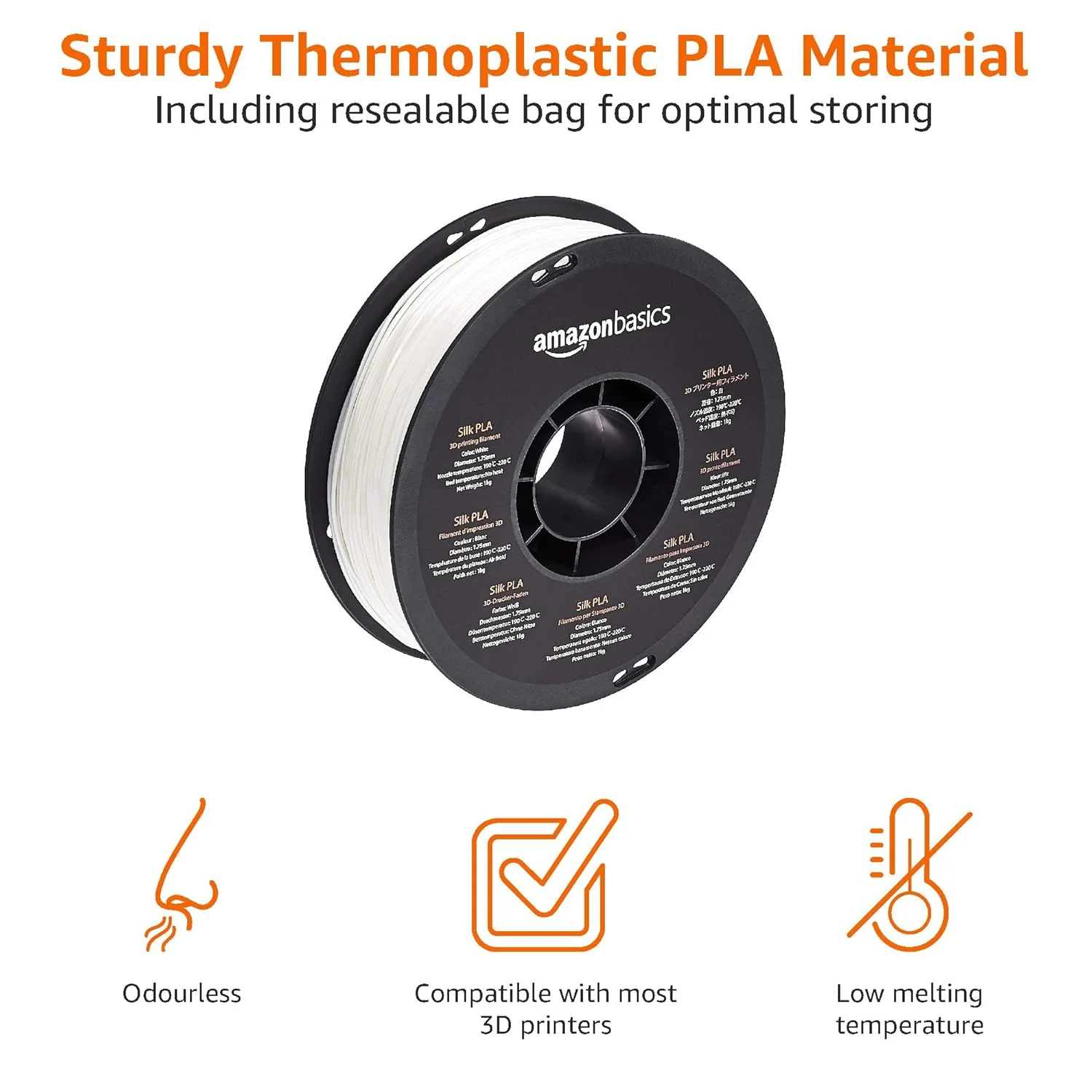 فیلامنت پرینتر سه بعدی PLA ابریشمی آمازون بیسیکس، 1.75 میلی متر، قرقره 1 کیلوگرمی (2.2 پوند)، سفید