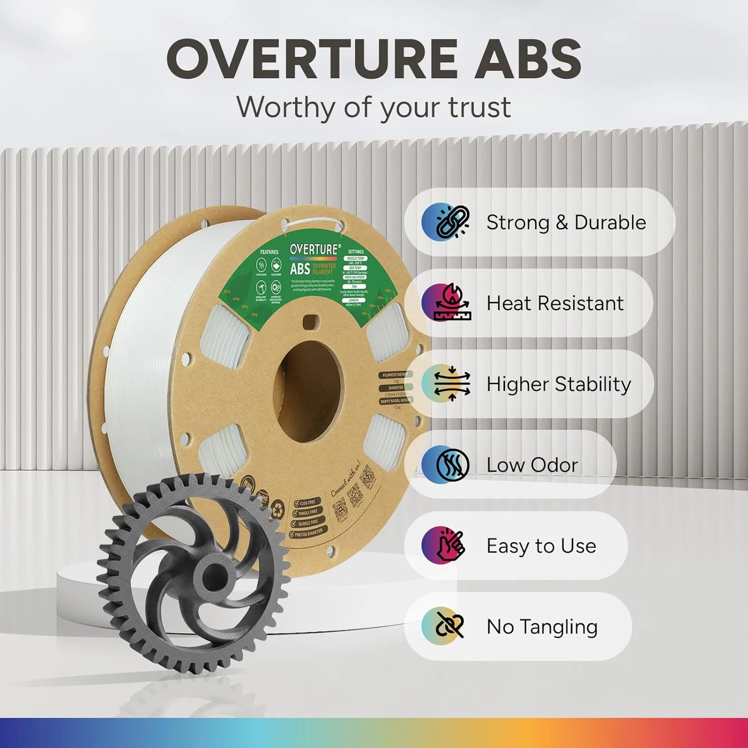 فیلامنت ABS اورتور 1.75 میلی‌متر، فیلامنت پرینتر سه بعدی با استحکام و مقاومت حرارتی بالا، پیچیدگی کم، دوام عالی، ABS 1 کیلوگرم (2.2 پوند) قرقره مقوایی، دقت بالا +/- 0.02 میلی‌متر (سفید تک بسته)