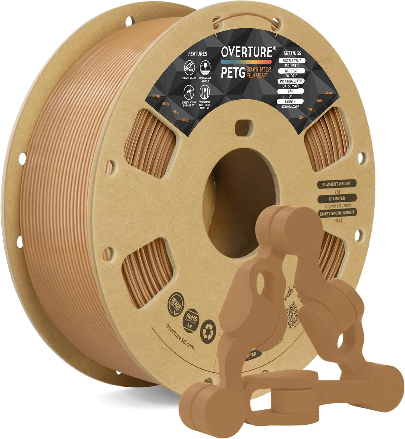 فیلامنت پرینتر سه بعدی PETG اوورچر 1.75 میلی‌متری، PETG بادوام و مرتب پیچیده شده 1 کیلوگرمی (2.2 پوند)، فیلامنت با چقرمگی قوی، دقت ابعادی +/- 0.02 میلی‌متر، مناسب برای اکثر پرینترهای FDM (قهوه ای)