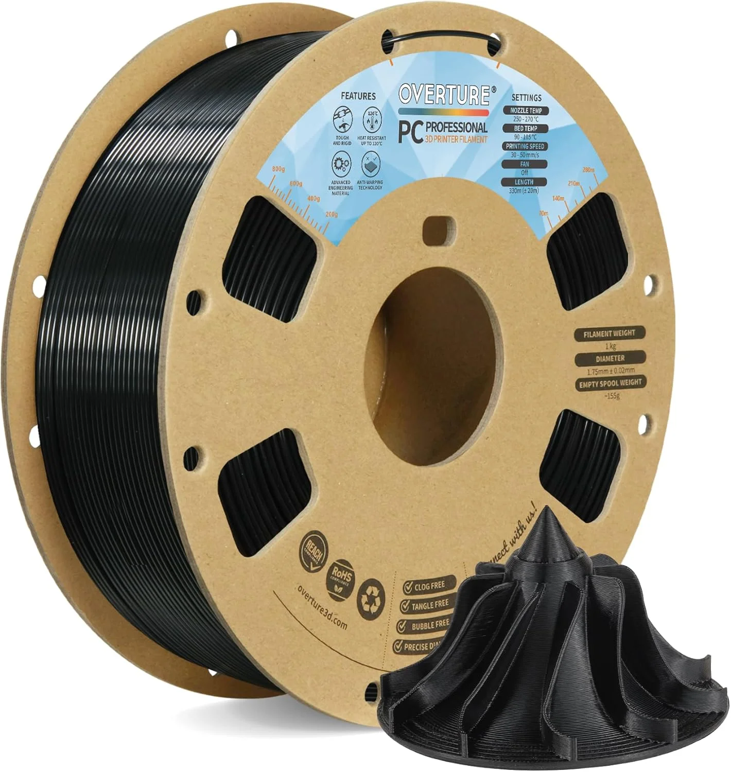 فیلامنت حرفه ای PC OVERTURE، قرقره مقوایی، 1 کیلوگرم (2.2 پوند)، احتمال دقت ابعادی +/- 0.02 میلی متر، مناسب برای اکثر پرینترهای FDM (مشکی)