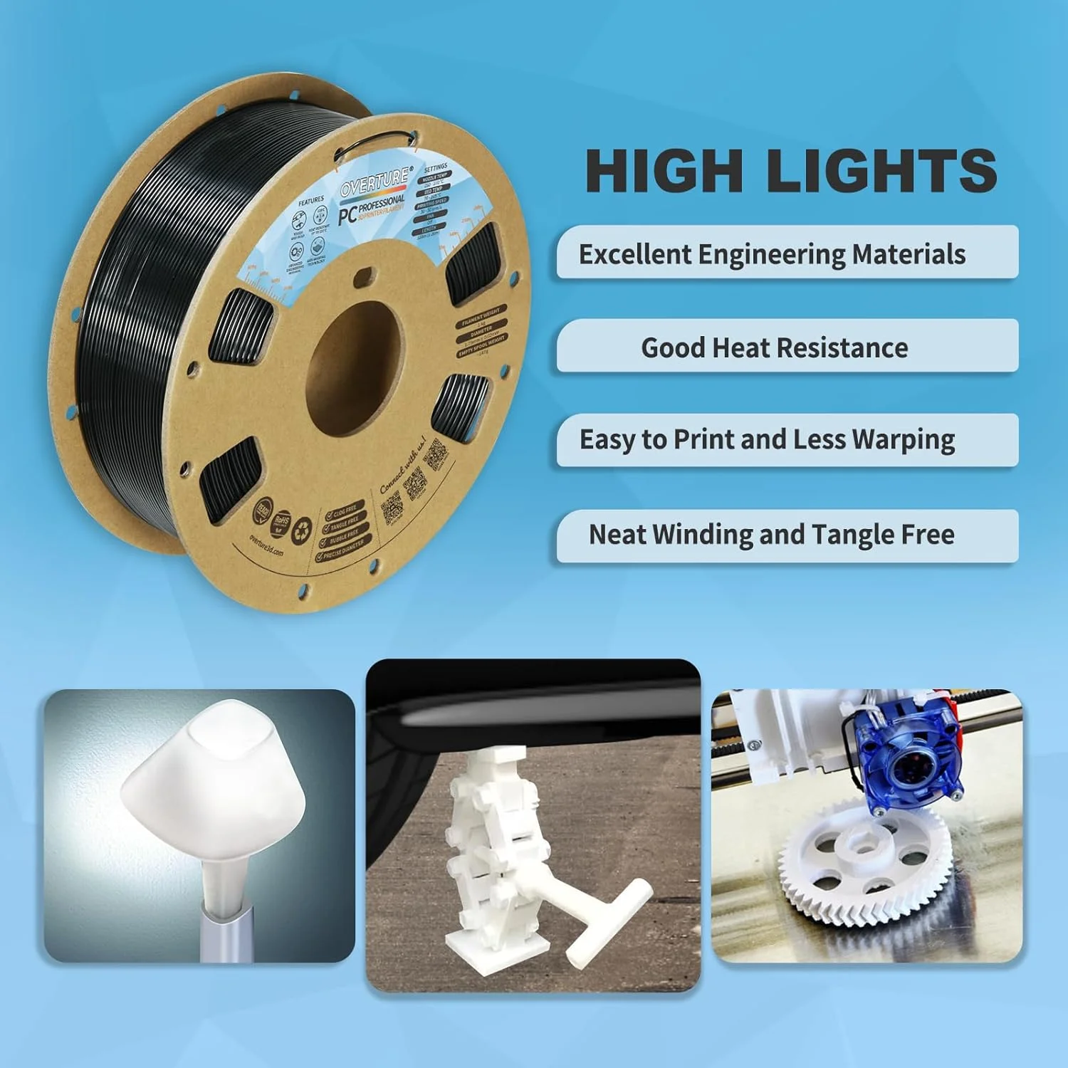 فیلامنت حرفه ای PC OVERTURE، قرقره مقوایی، 1 کیلوگرم (2.2 پوند)، احتمال دقت ابعادی +/- 0.02 میلی متر، مناسب برای اکثر پرینترهای FDM (مشکی)